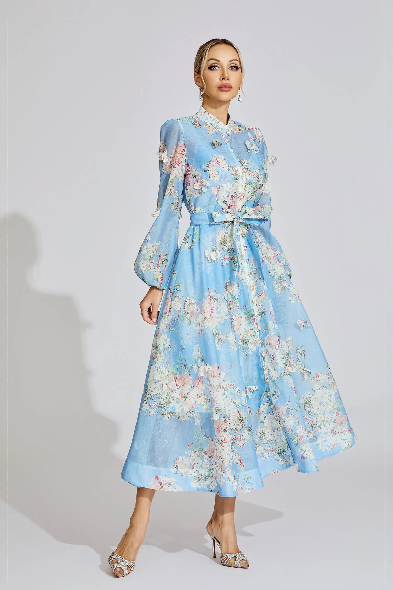 TIFFANY PALE BLUE FLORAL PUFF SLEEVE MAXI DRESS