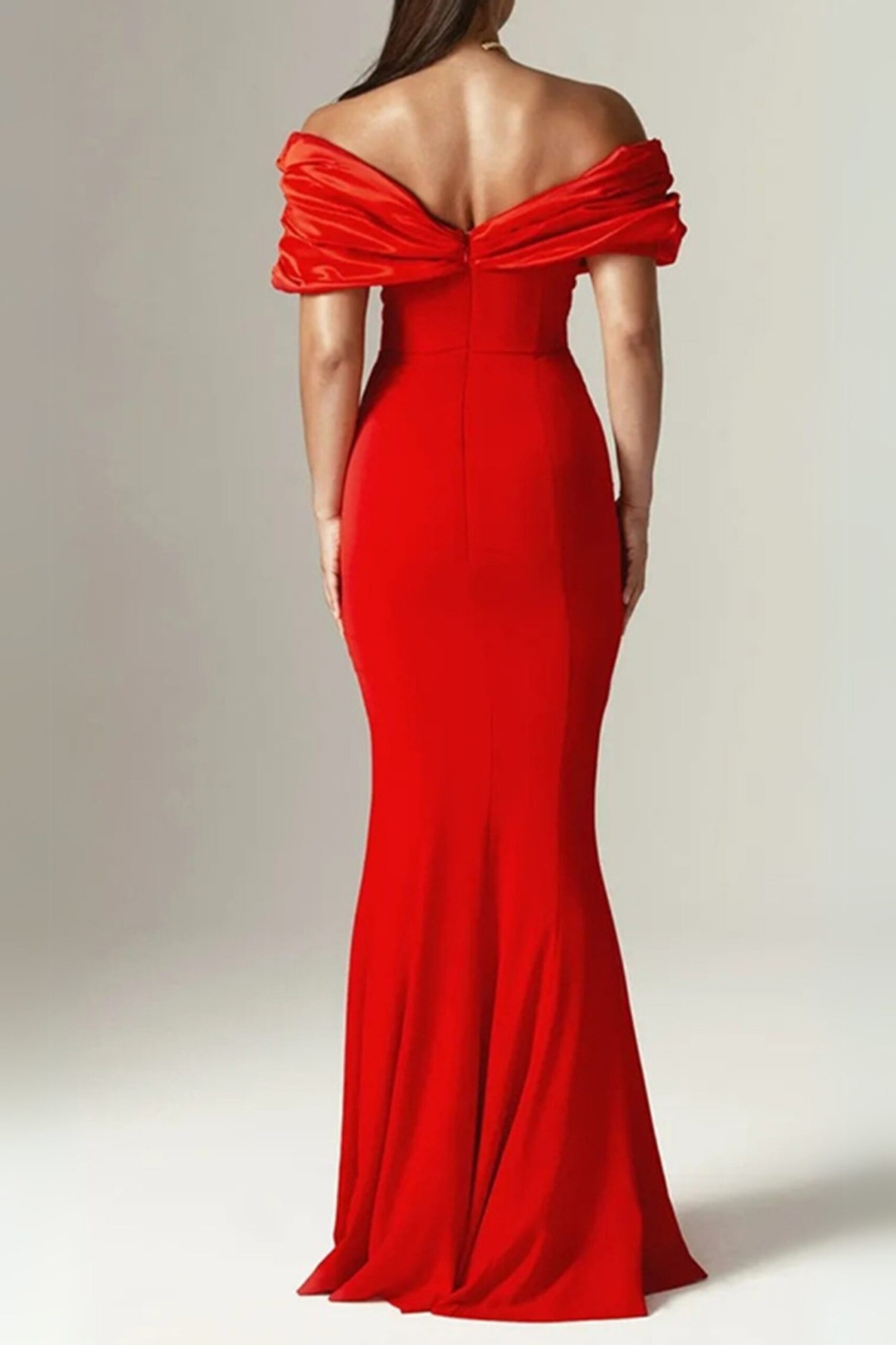 SOPHIA OFF-SHOULDER RUCHED MAXI SLIT DRESS RED