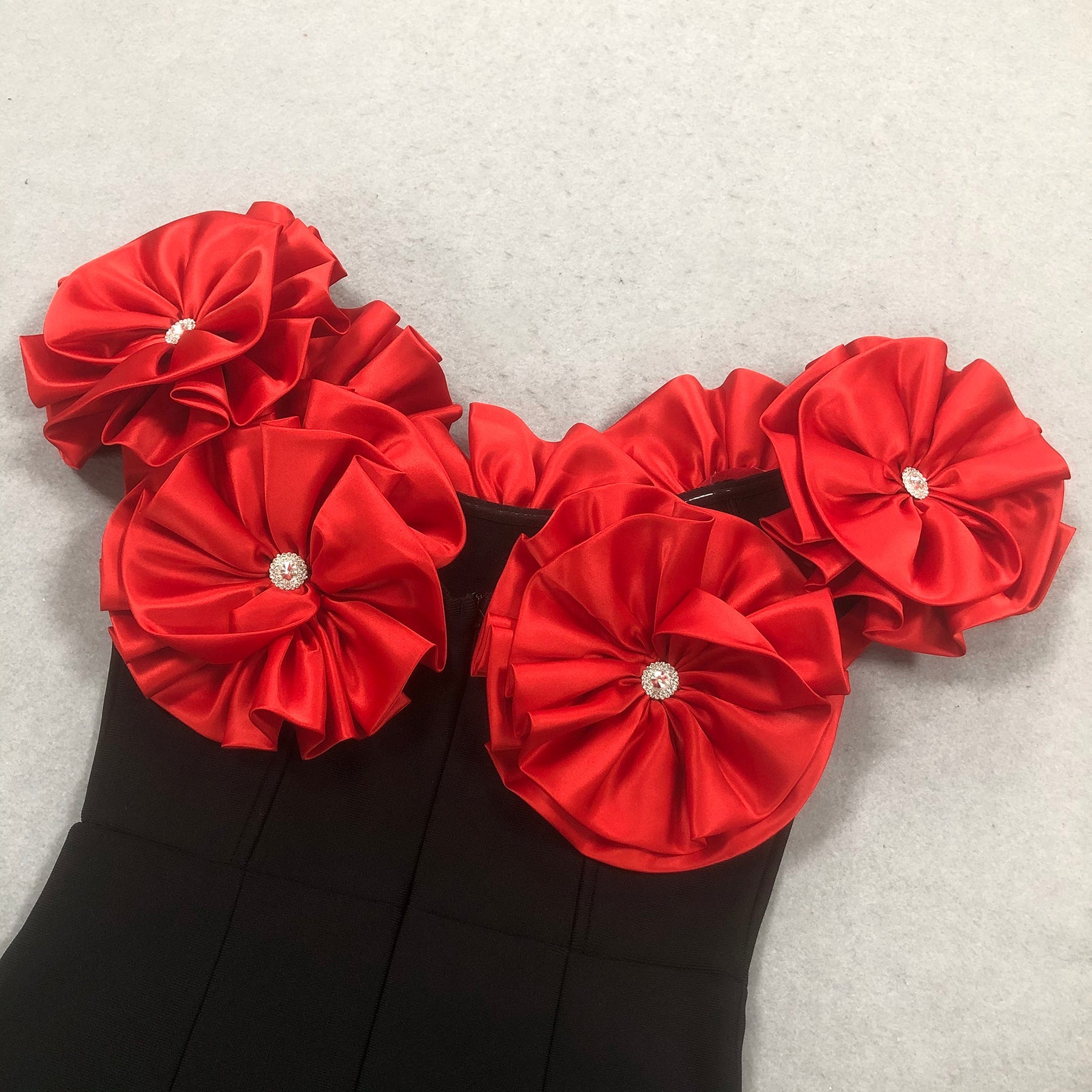 RED STRAPLESS BANDAGE MAXI DRESS WITH FLOWER EMBELLISHMENT