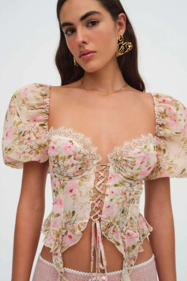PINK RUFFLE PUFF SLEEVE DRAPE SHIRT FOR PARTIES