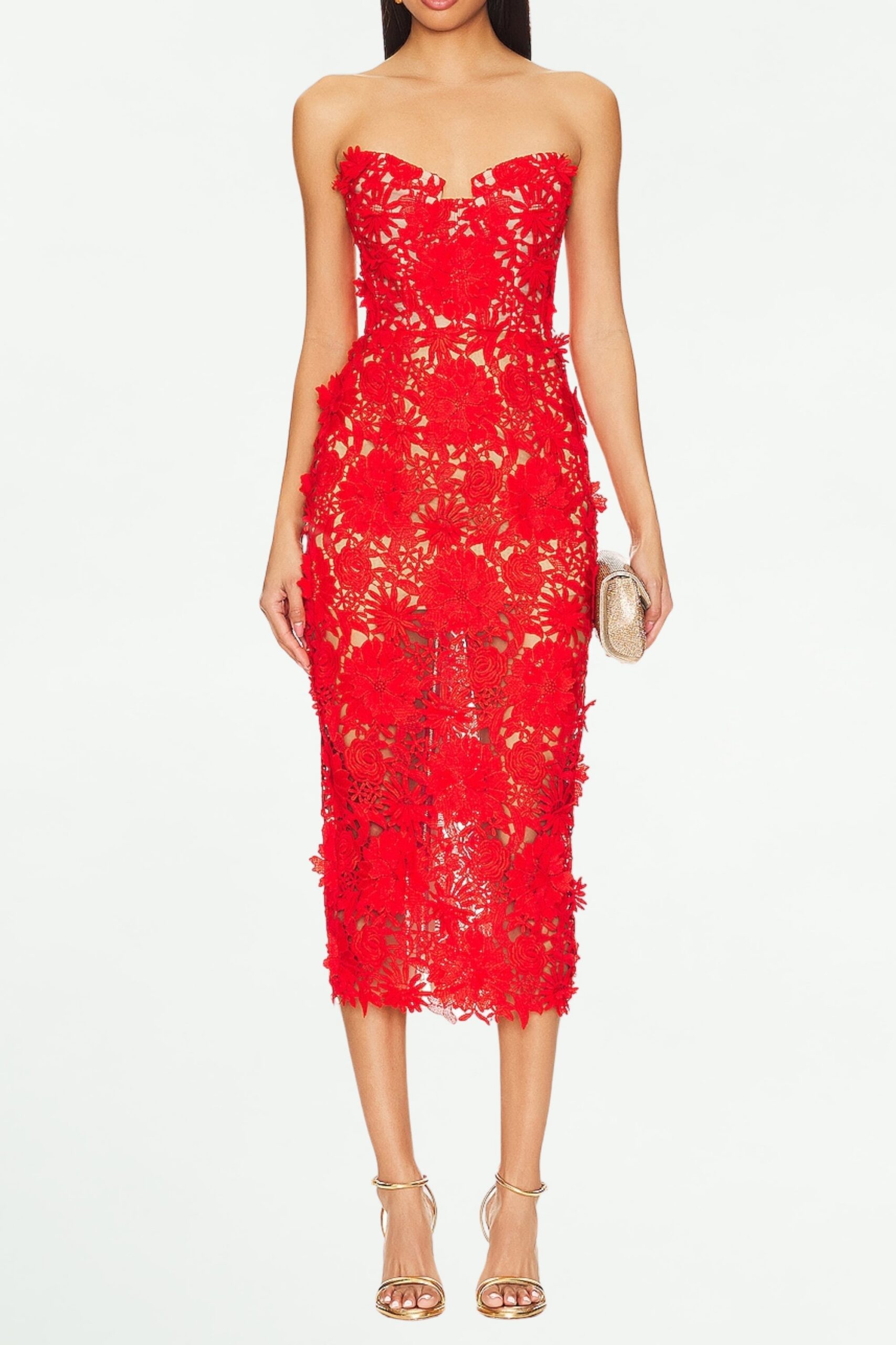 RED OFF-SHOULDER FLORAL MIDI DRESS FOR PARTIES