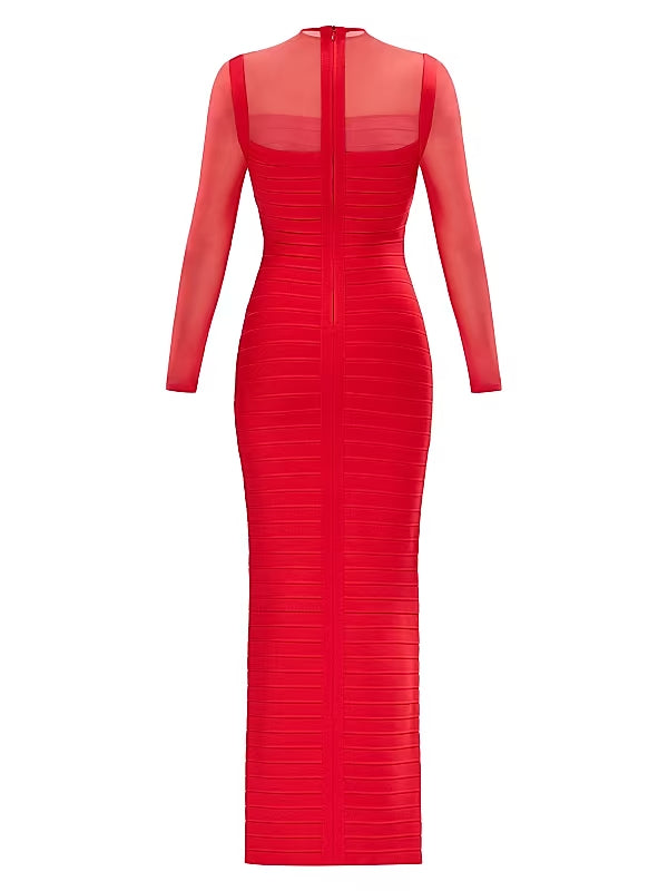 TINA RED MESH SEE-THROUGH BANDAGE MAXI DRESS