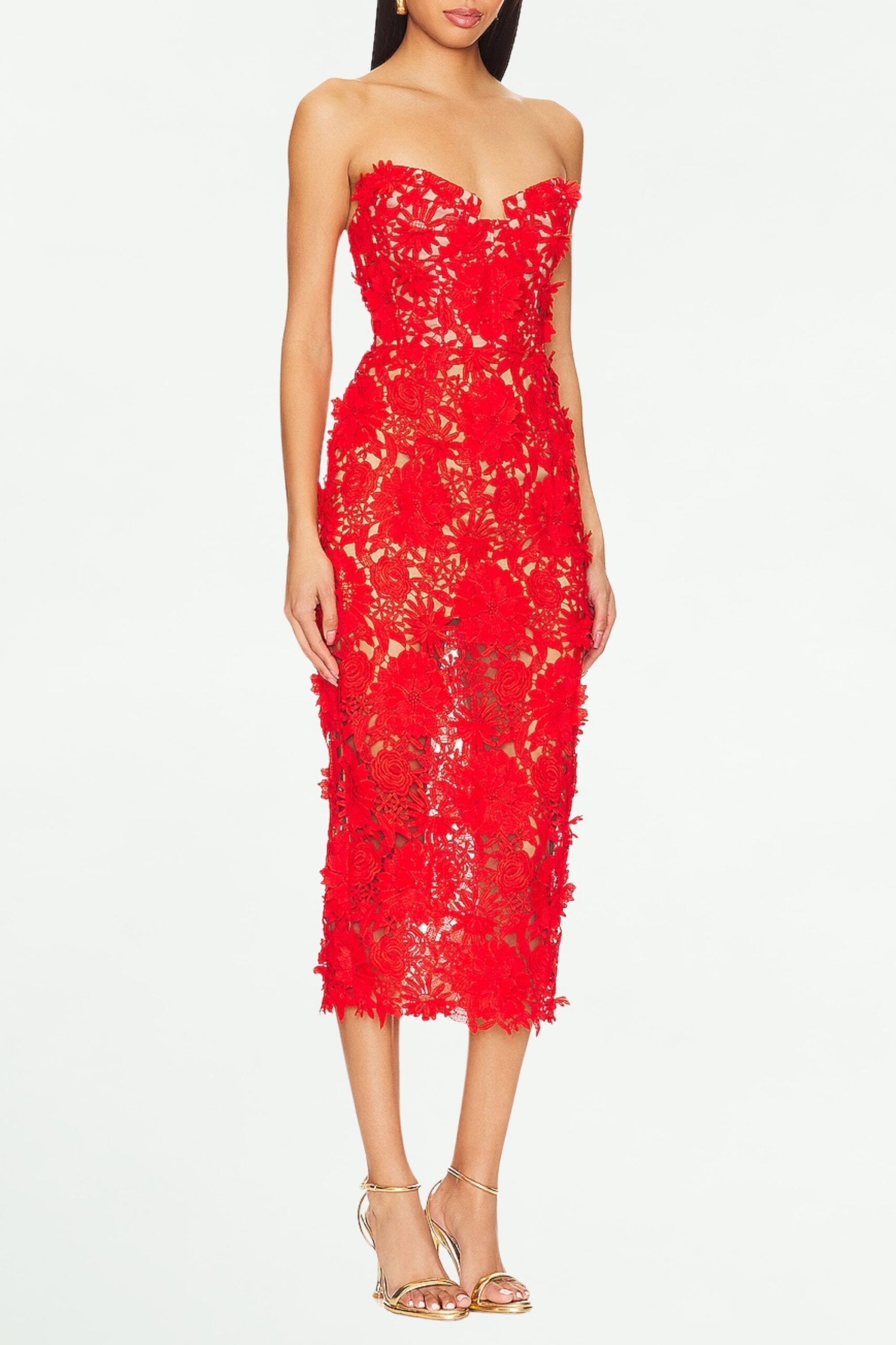 RED OFF-SHOULDER FLORAL MIDI DRESS FOR PARTIES