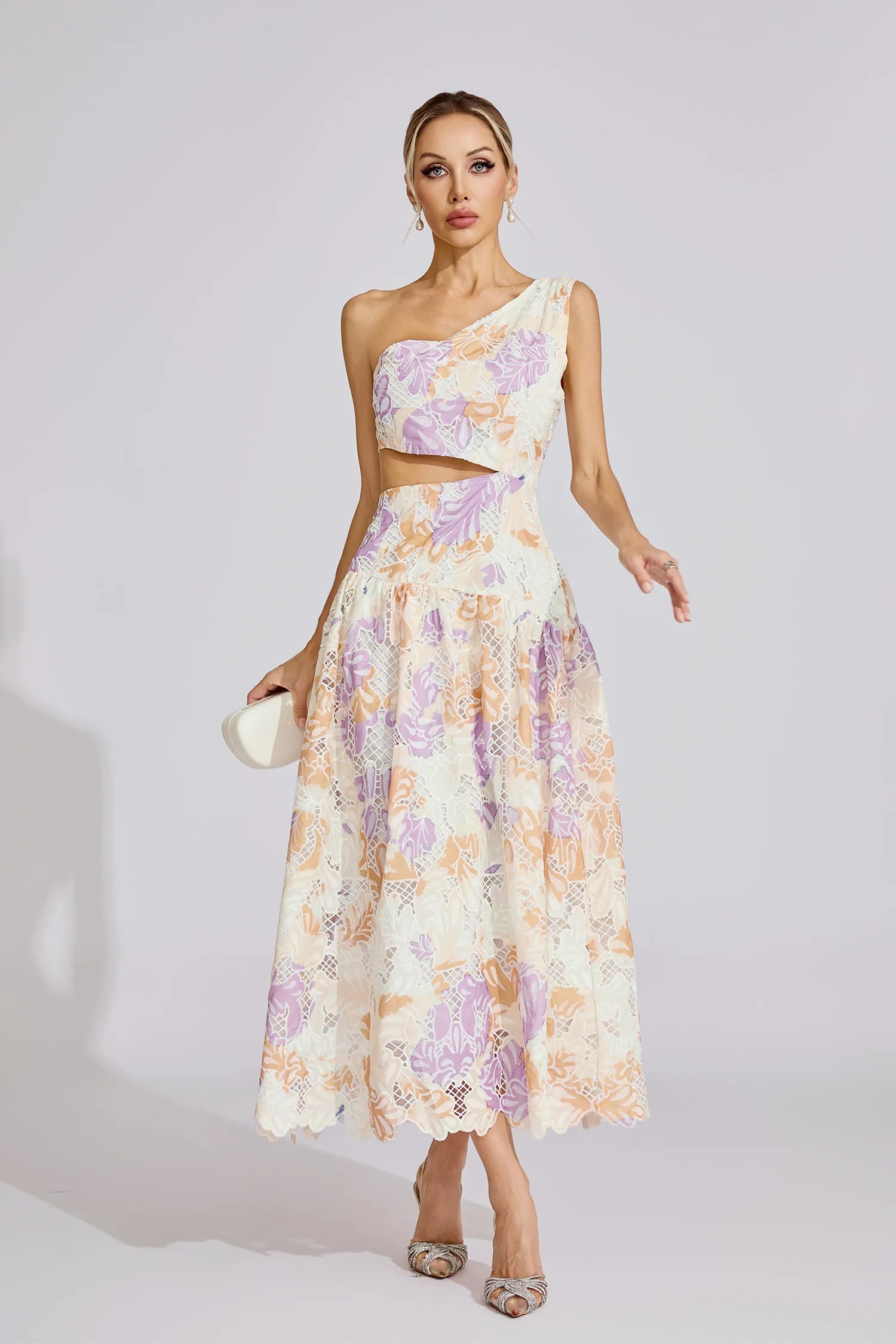 YELLOW ONE-SHOULDER FLORAL PRINT CUTOUT MAXI DRESS