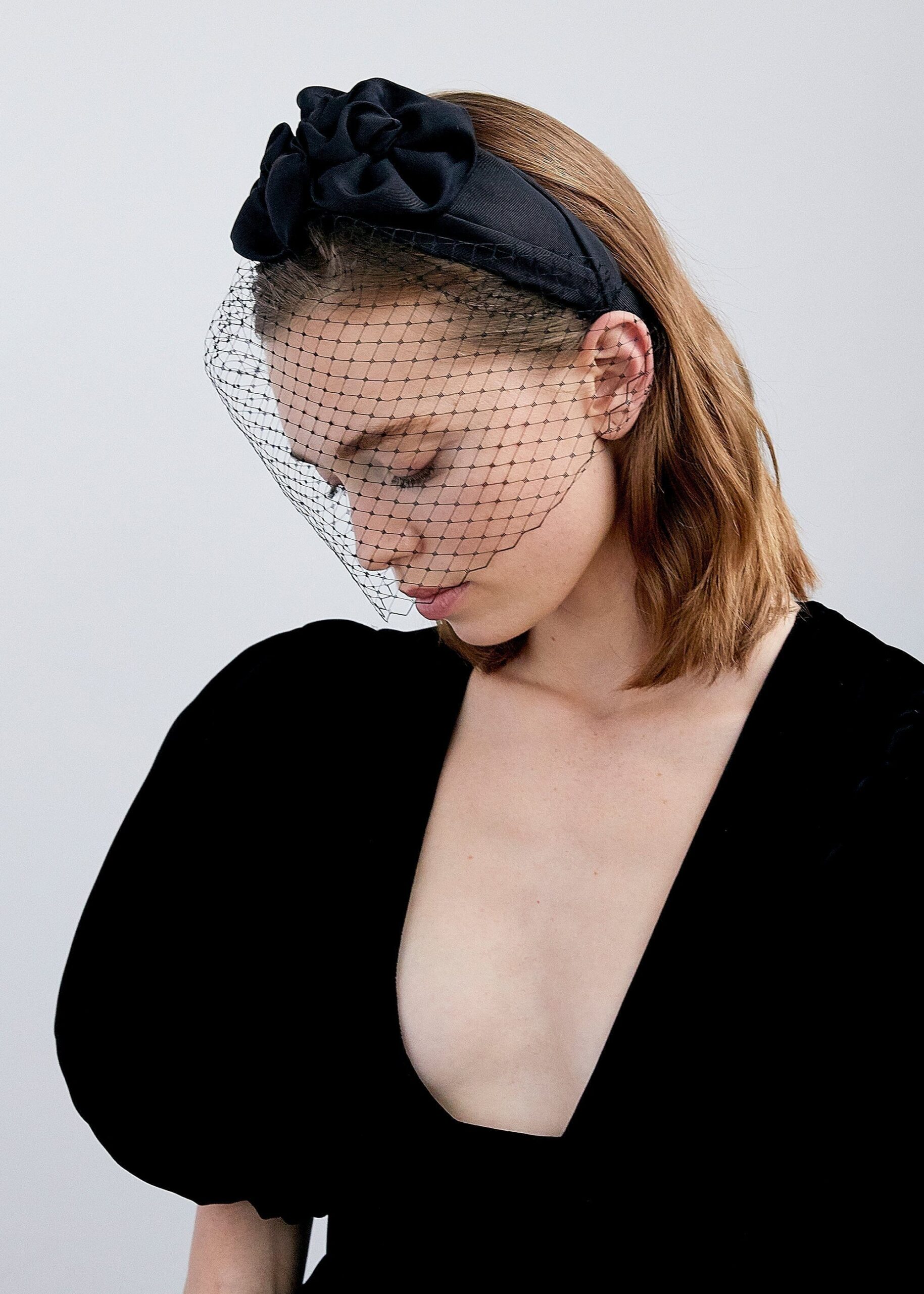 TRIPLE ROSETTE VEIL HEADPIECE BLACK WEDDING ELEGANT