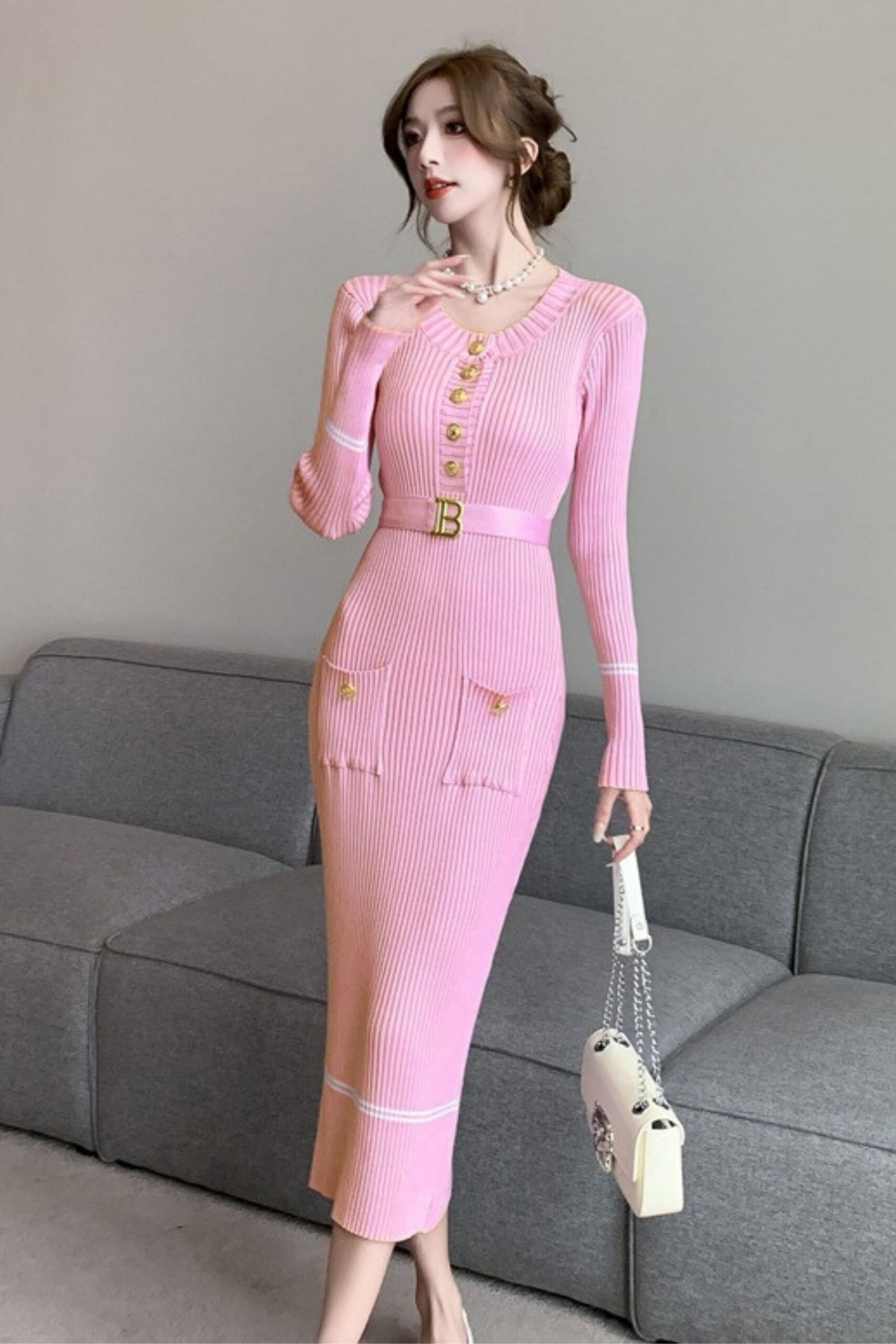 METAL BUTTON JERSEY MIDI DRESS PINK