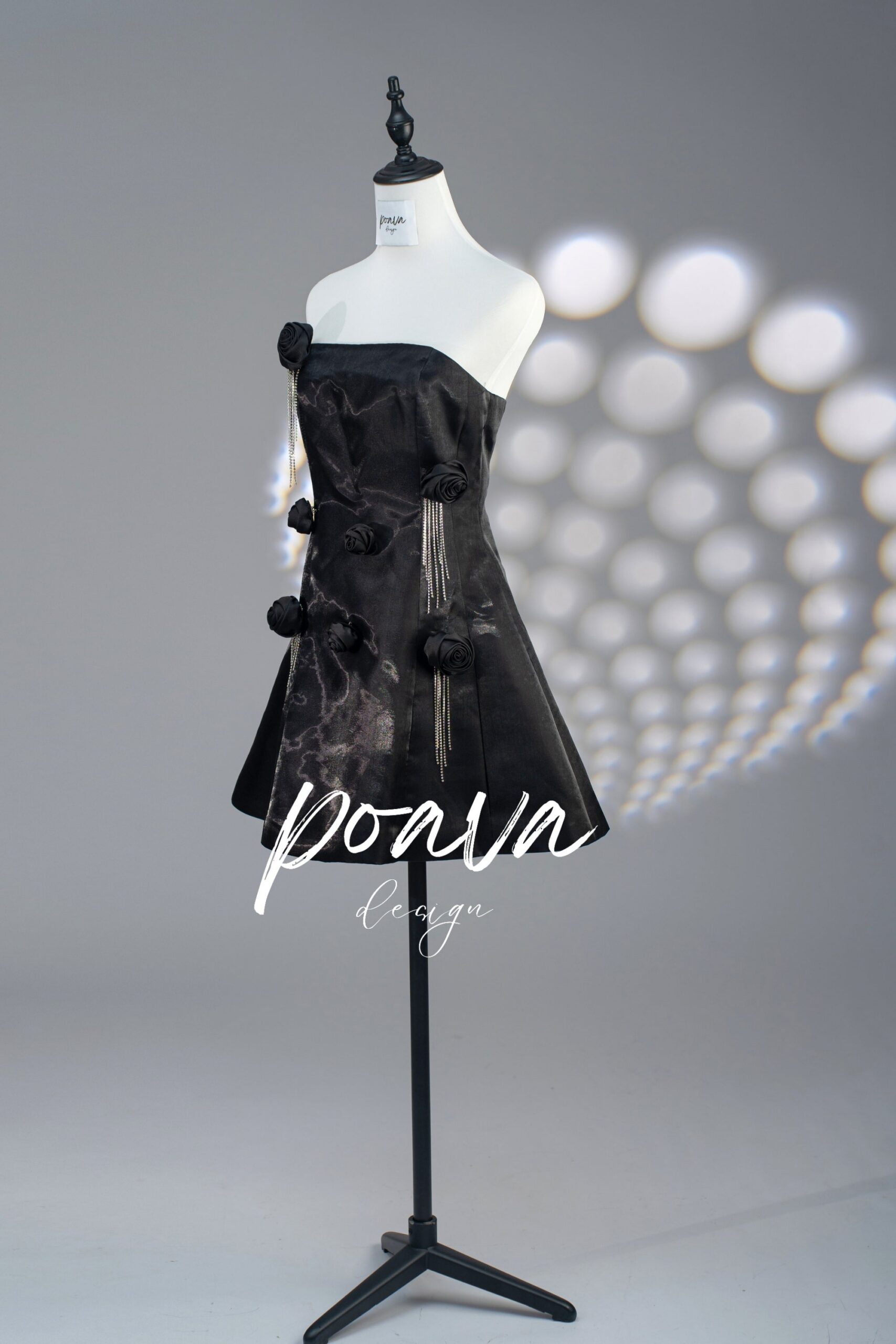 SATIN FLOWER MINI DRESS, BLACK, COCKTAIL