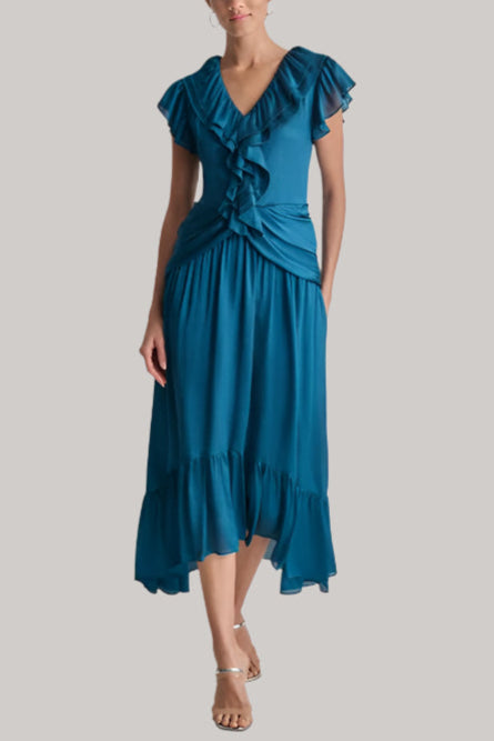 RUFFLED CRINKLE MAXI DRESS IN DARK BLUE