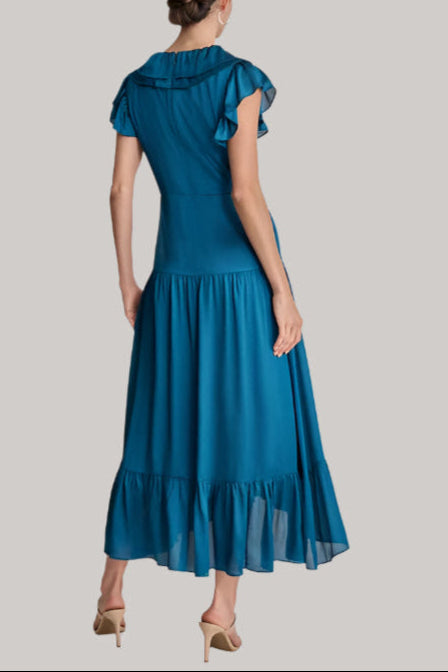 RUFFLED CRINKLE MAXI DRESS IN DARK BLUE