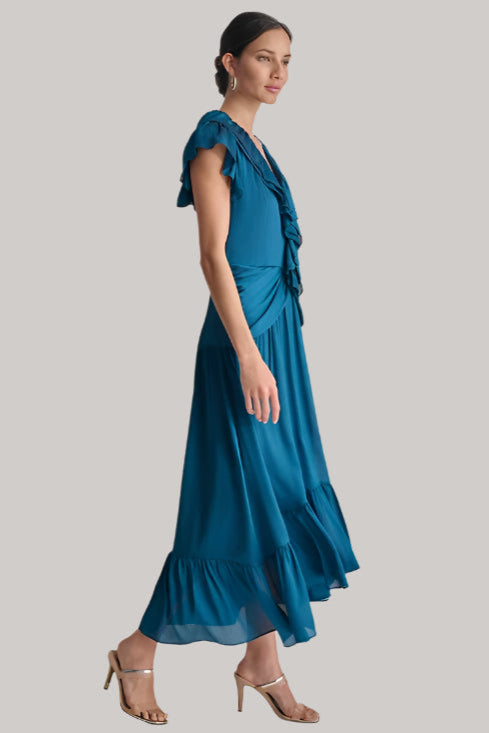 RUFFLED CRINKLE MAXI DRESS IN DARK BLUE