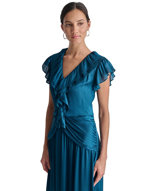 RUFFLED CRINKLE MAXI DRESS IN DARK BLUE