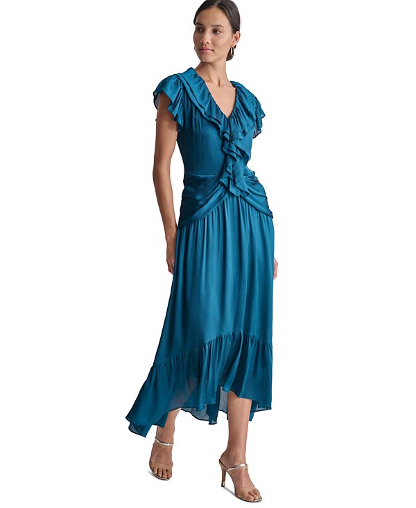 RUFFLED CRINKLE MAXI DRESS IN DARK BLUE