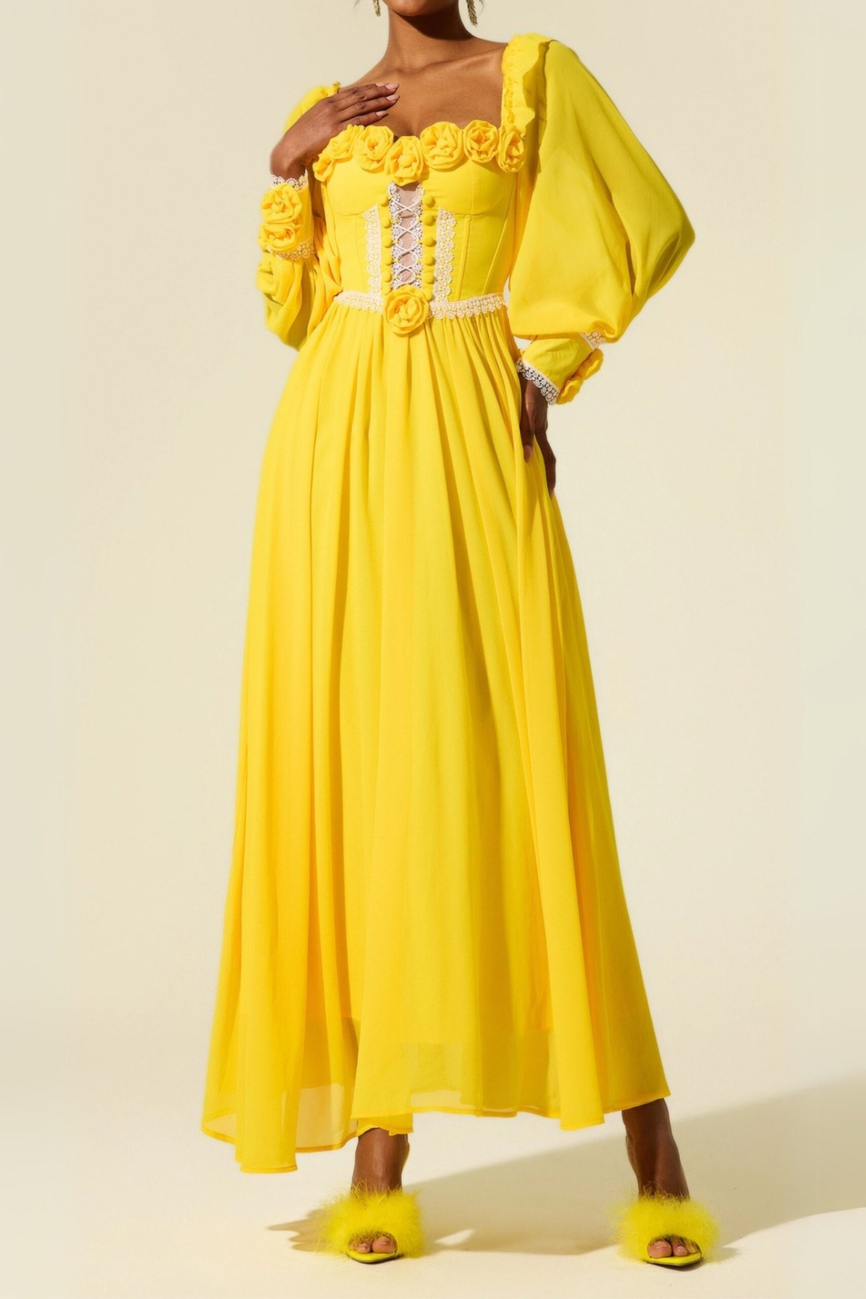 YELLOW CHIFFON 3D FLOWER MIDI DRESS FOR WEDDING GUEST
