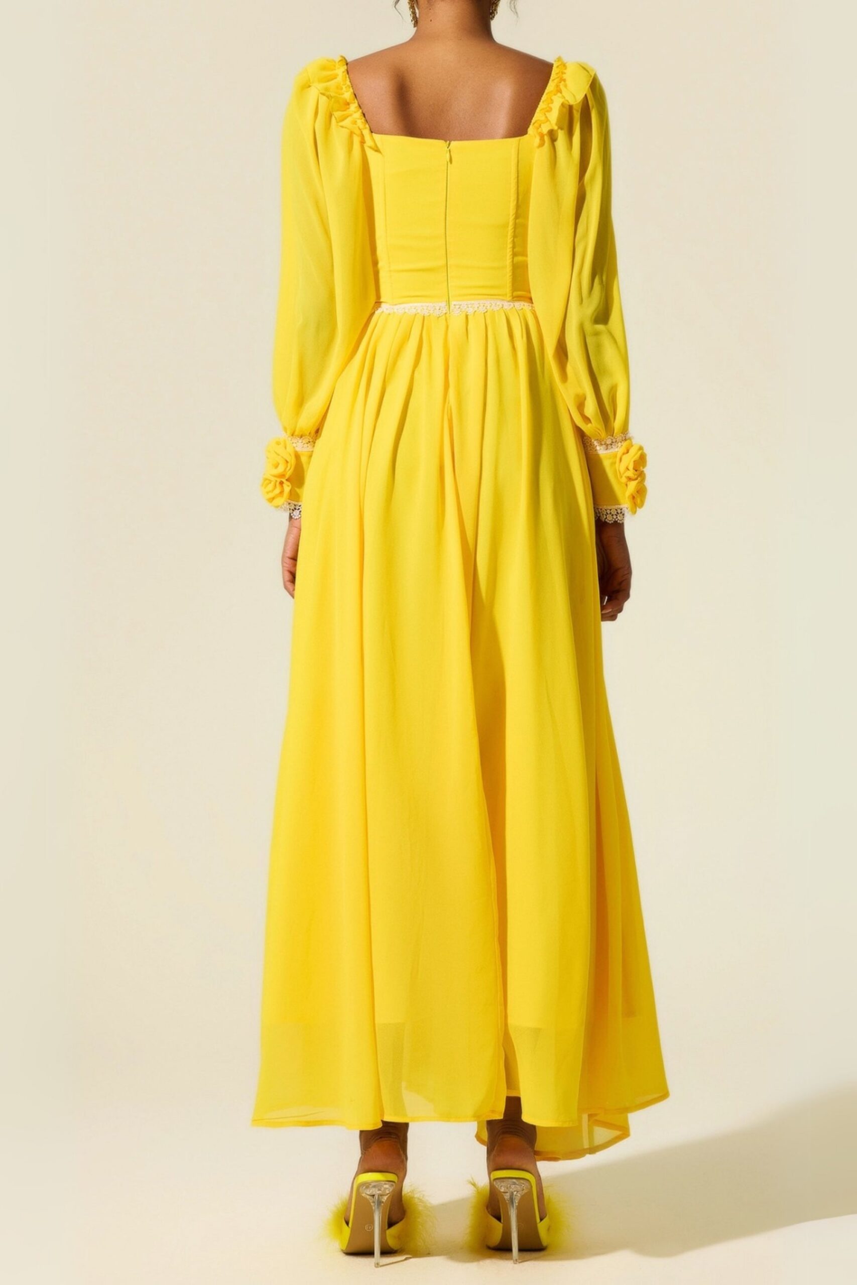 YELLOW CHIFFON 3D FLOWER MIDI DRESS FOR WEDDING GUEST