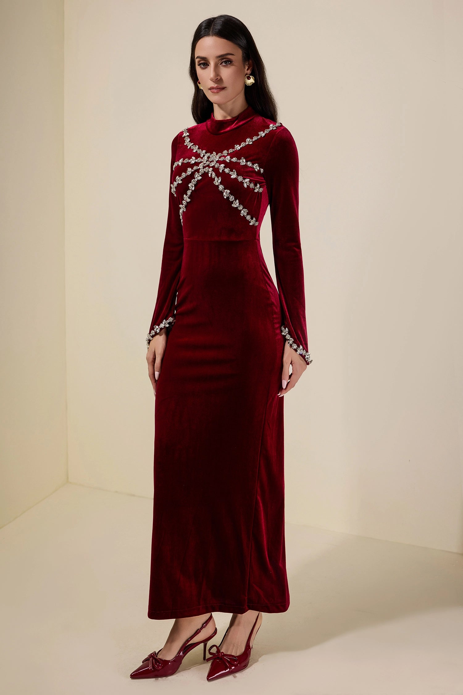 HILARY VELVET RHINESTONE MAXI DRESS - BURGUNDY