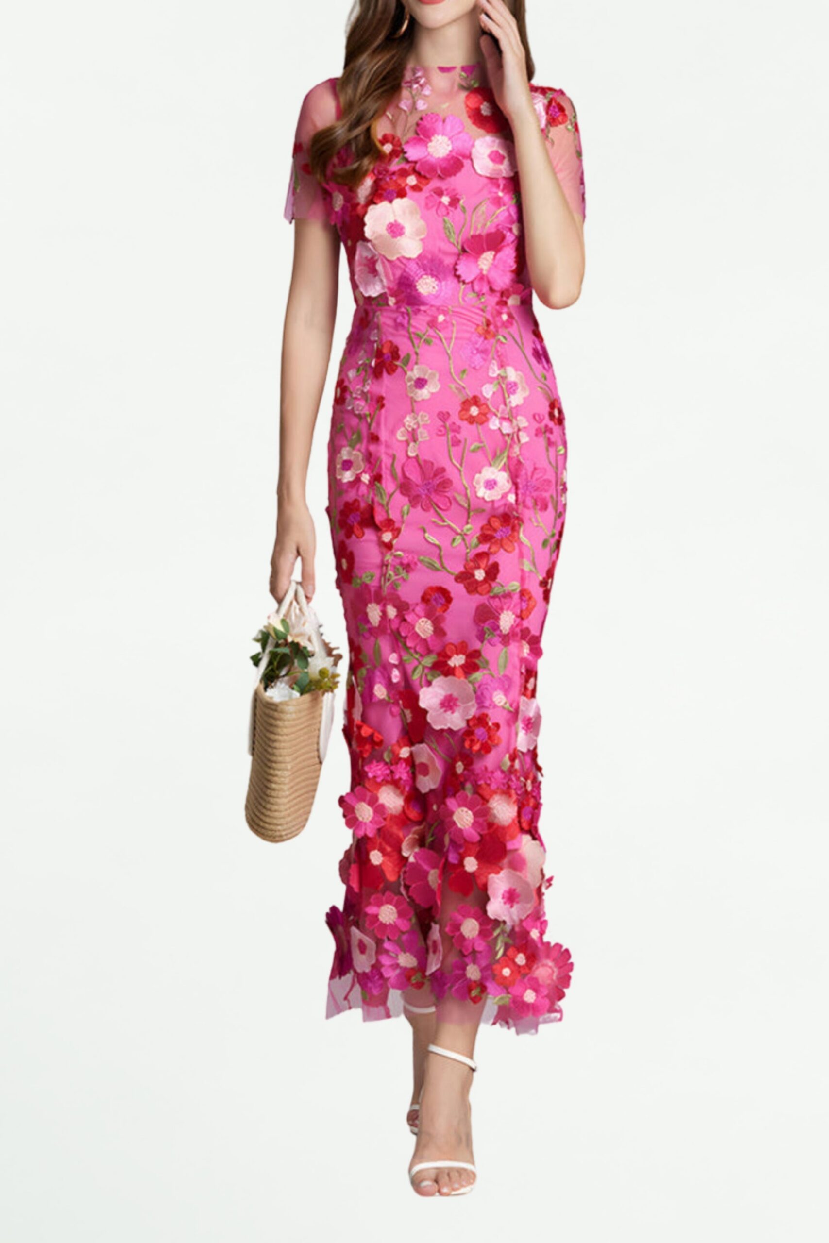 CAROL ROSE RED EMBROIDERED MESH FISHTAIL MIDI DRESS