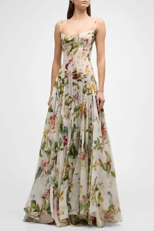 MULTICOLOR FLORAL PRINT GAZAR MAXI GOWN