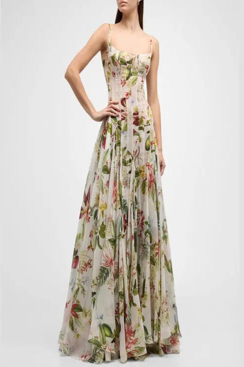 MULTICOLOR FLORAL PRINT GAZAR MAXI GOWN