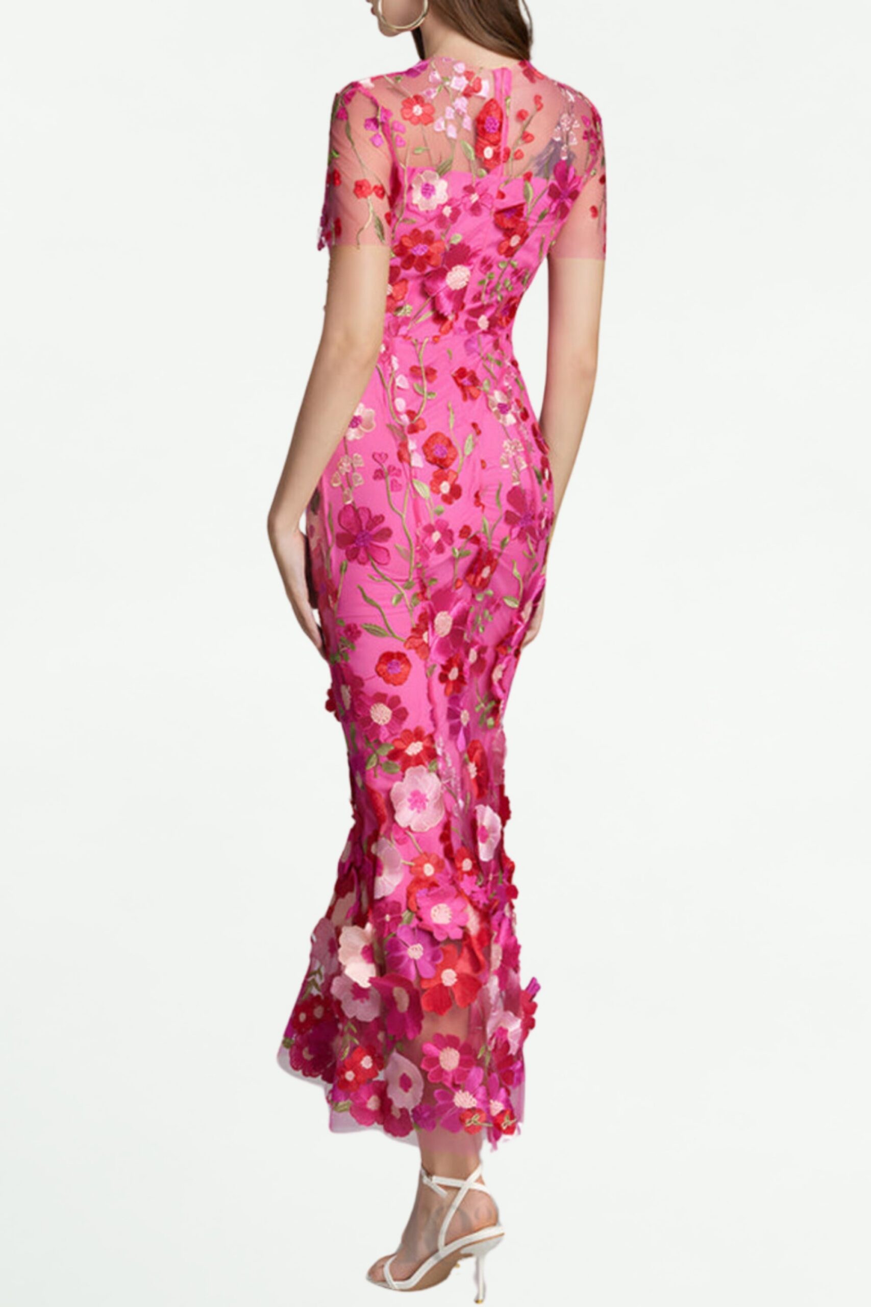CAROL ROSE RED EMBROIDERED MESH FISHTAIL MIDI DRESS