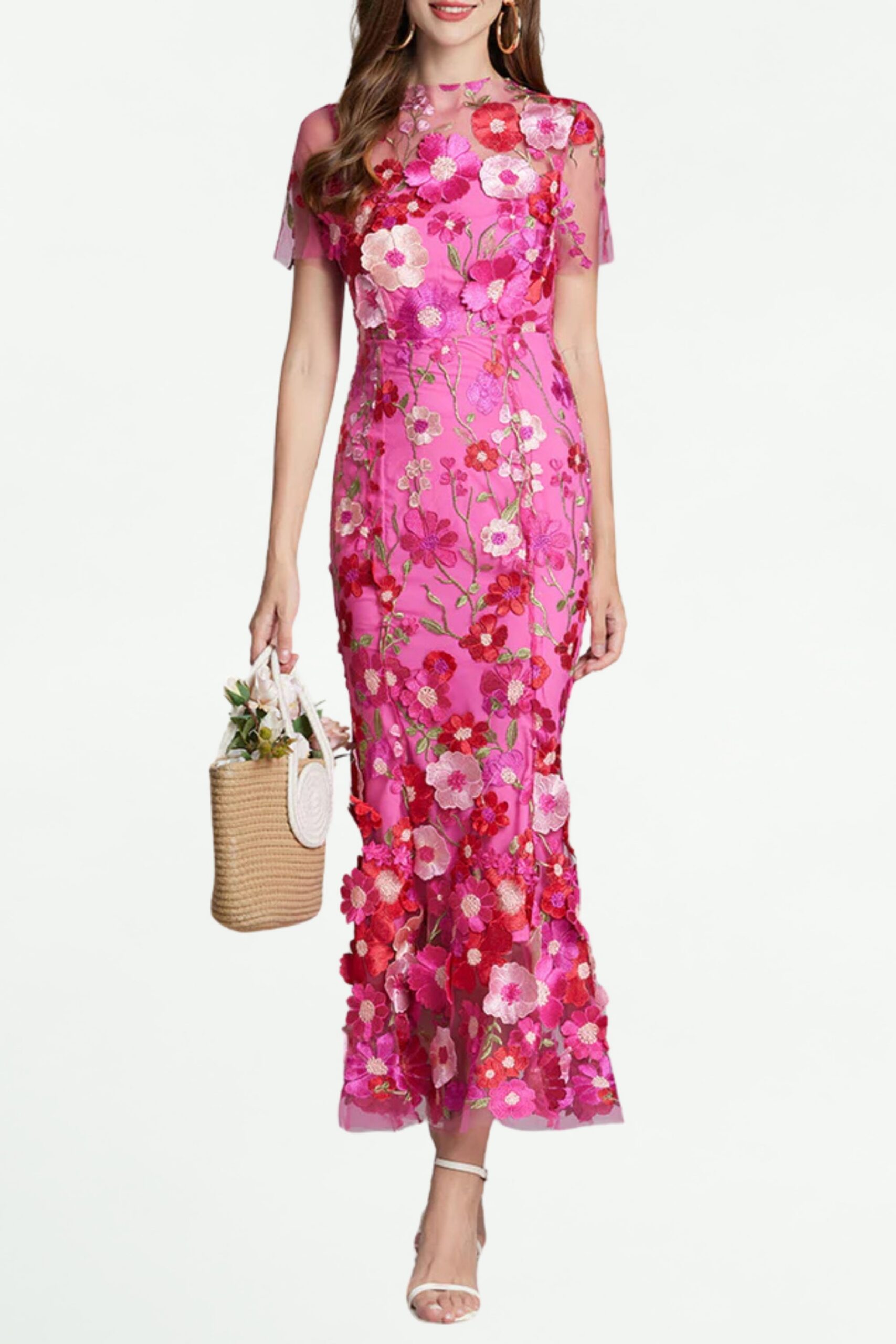 CAROL ROSE RED EMBROIDERED MESH FISHTAIL MIDI DRESS