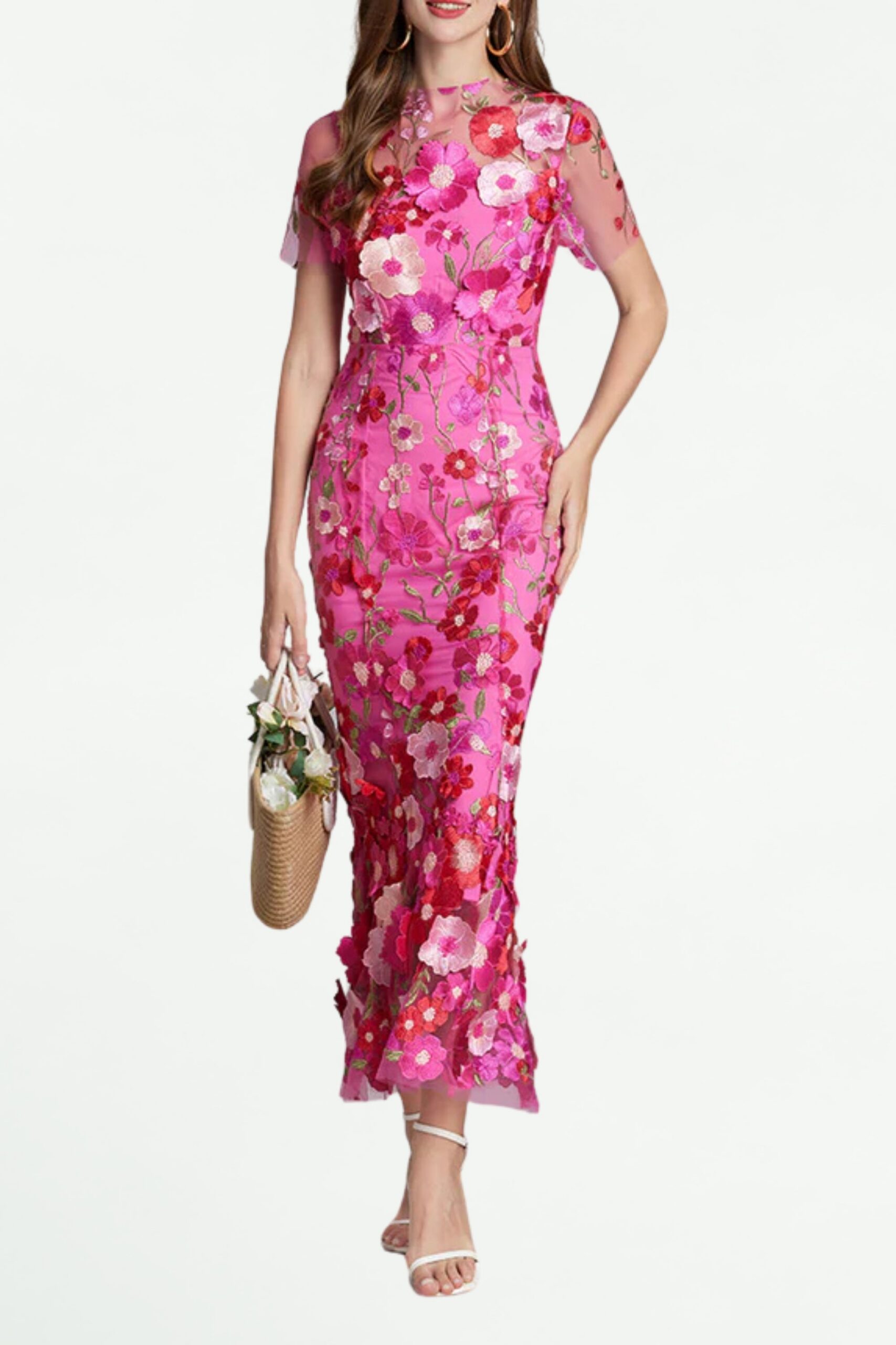 CAROL ROSE RED EMBROIDERED MESH FISHTAIL MIDI DRESS