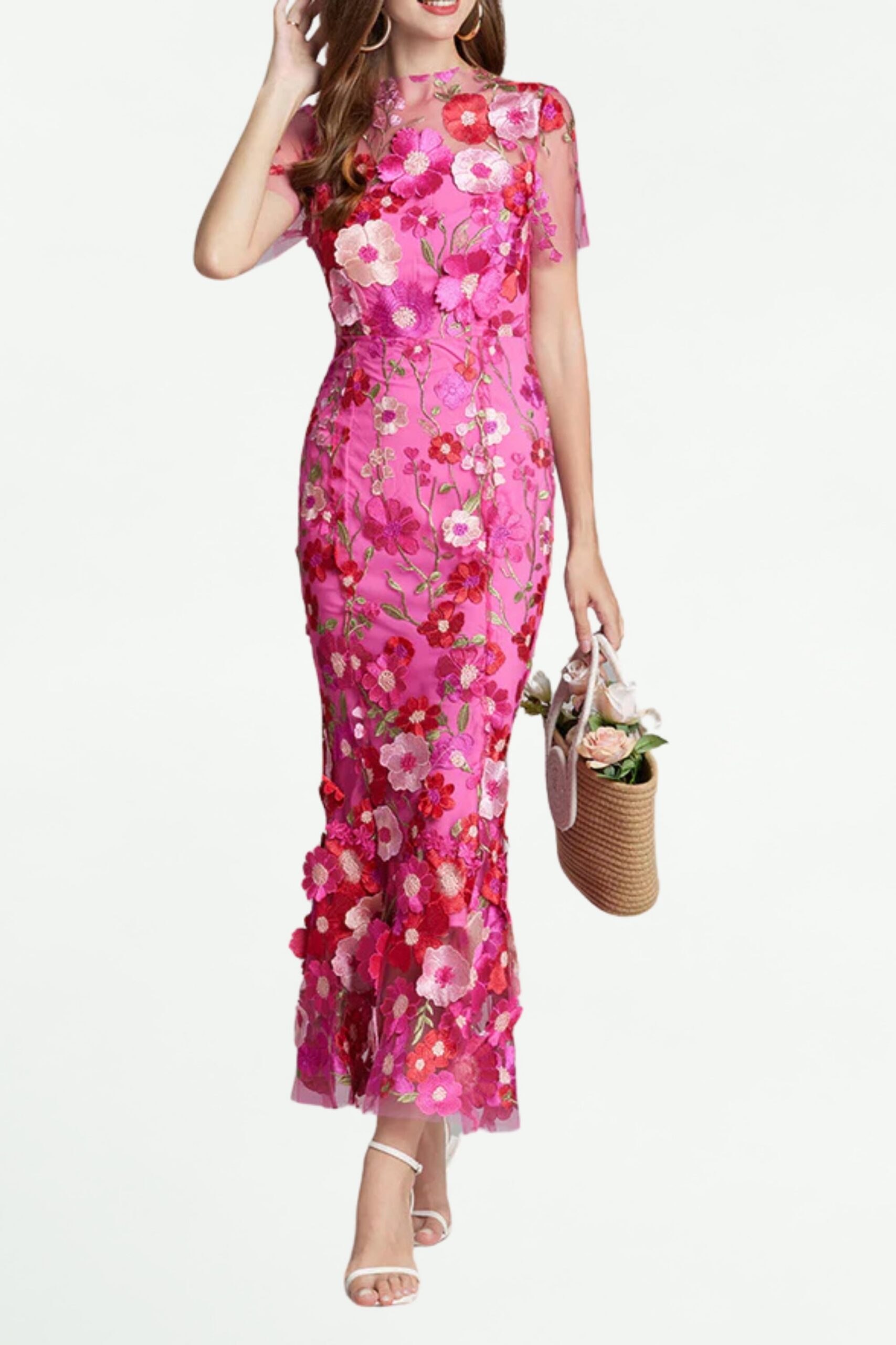 CAROL ROSE RED EMBROIDERED MESH FISHTAIL MIDI DRESS