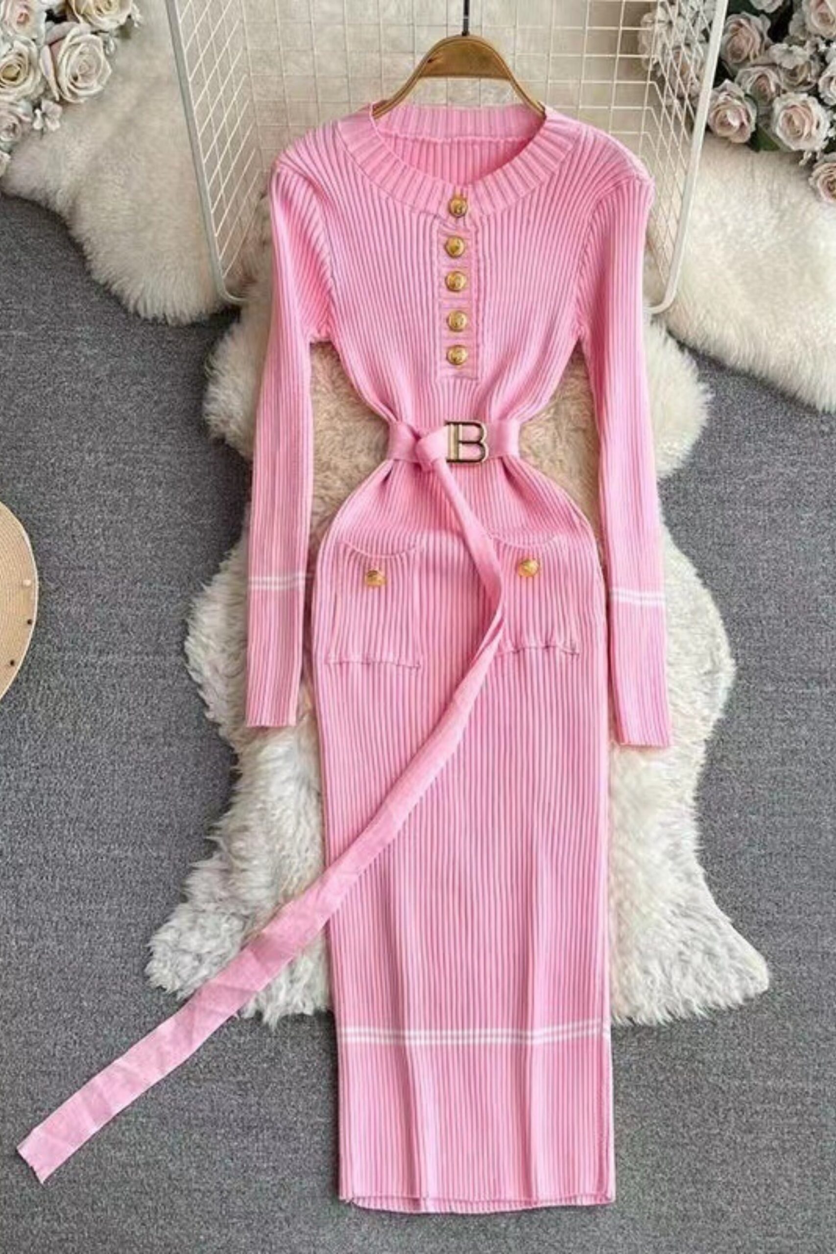 METAL BUTTON JERSEY MIDI DRESS PINK