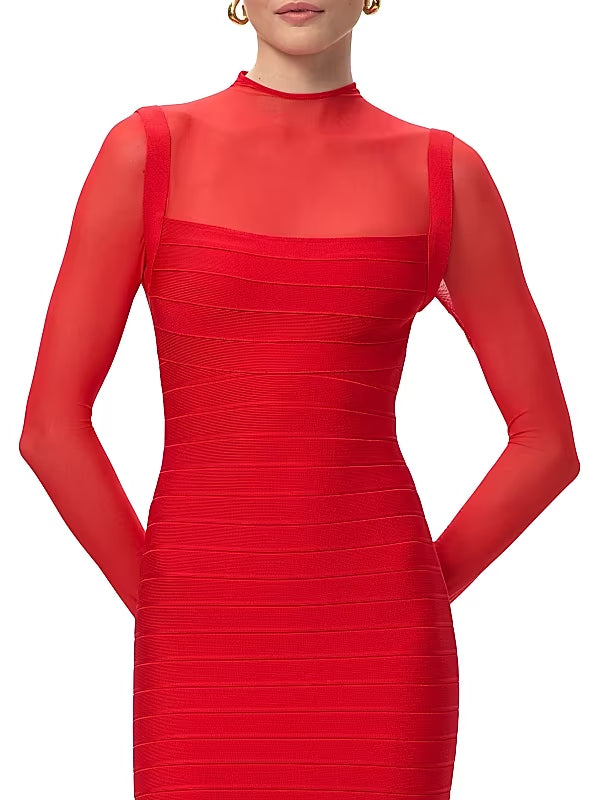 TINA RED MESH SEE-THROUGH BANDAGE MAXI DRESS