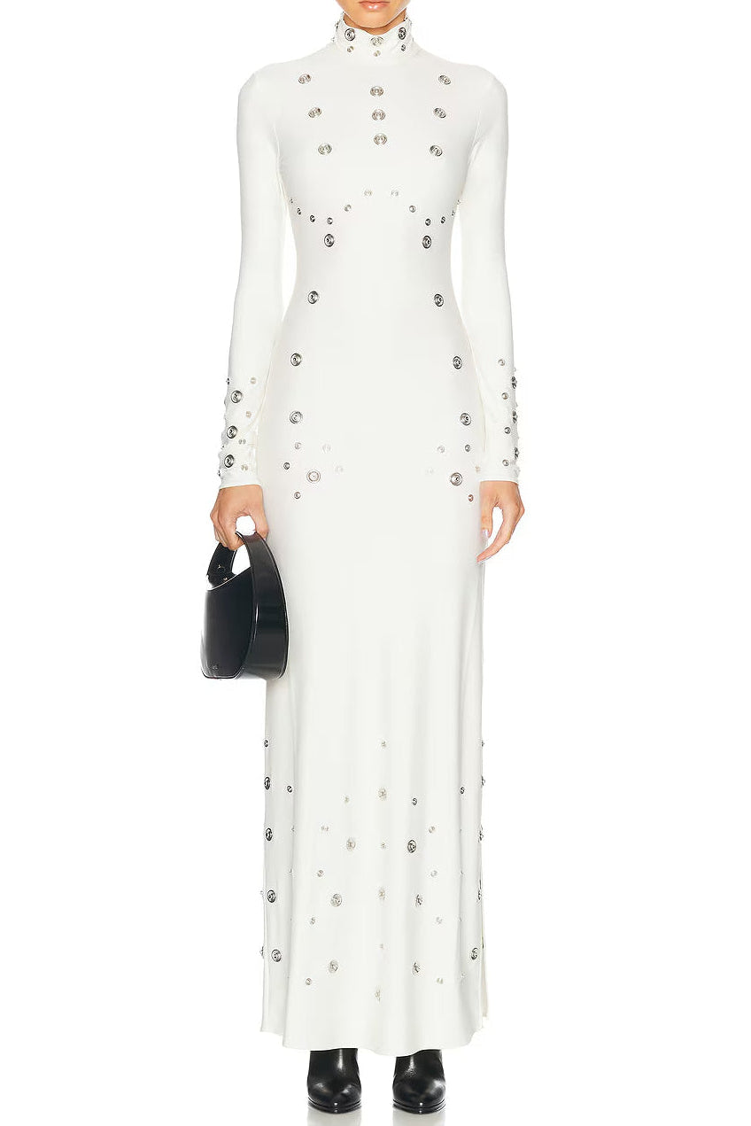 EMBELLISHED STRETCH-JERSEY MAXI DRESS WHITE