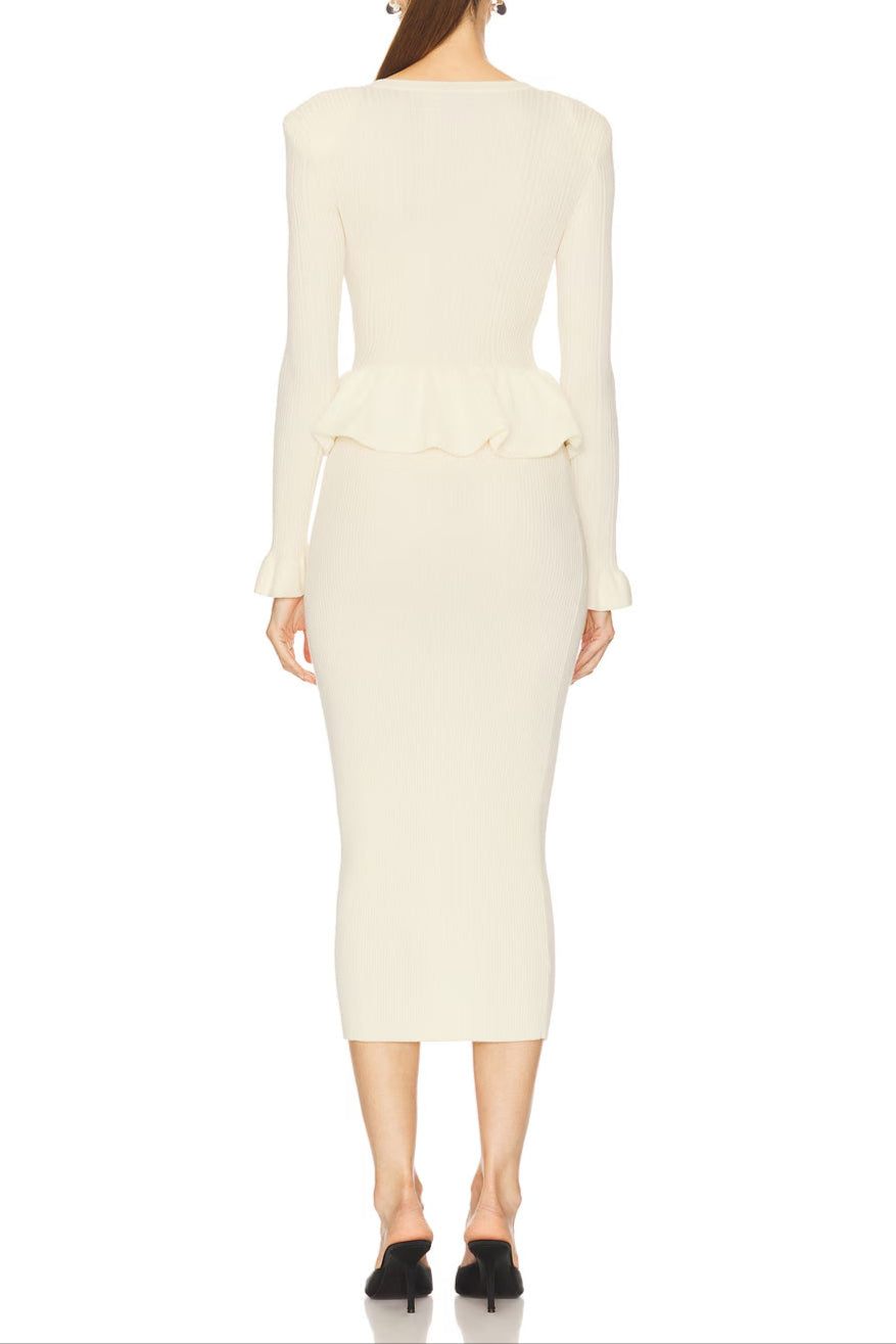 CAROLINE ASYMMETRIC KNIT MIDI DRESS BEIGE