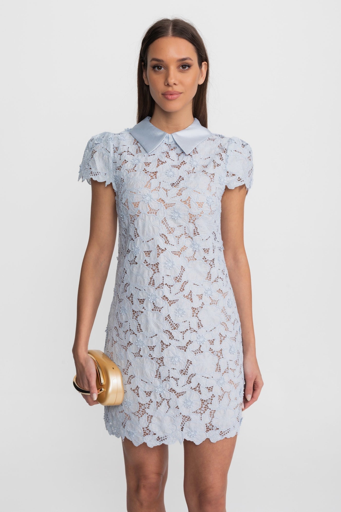SYLVIA LIGHT BLUE LACE MINI DRESS, SATIN COLLAR, BOHO