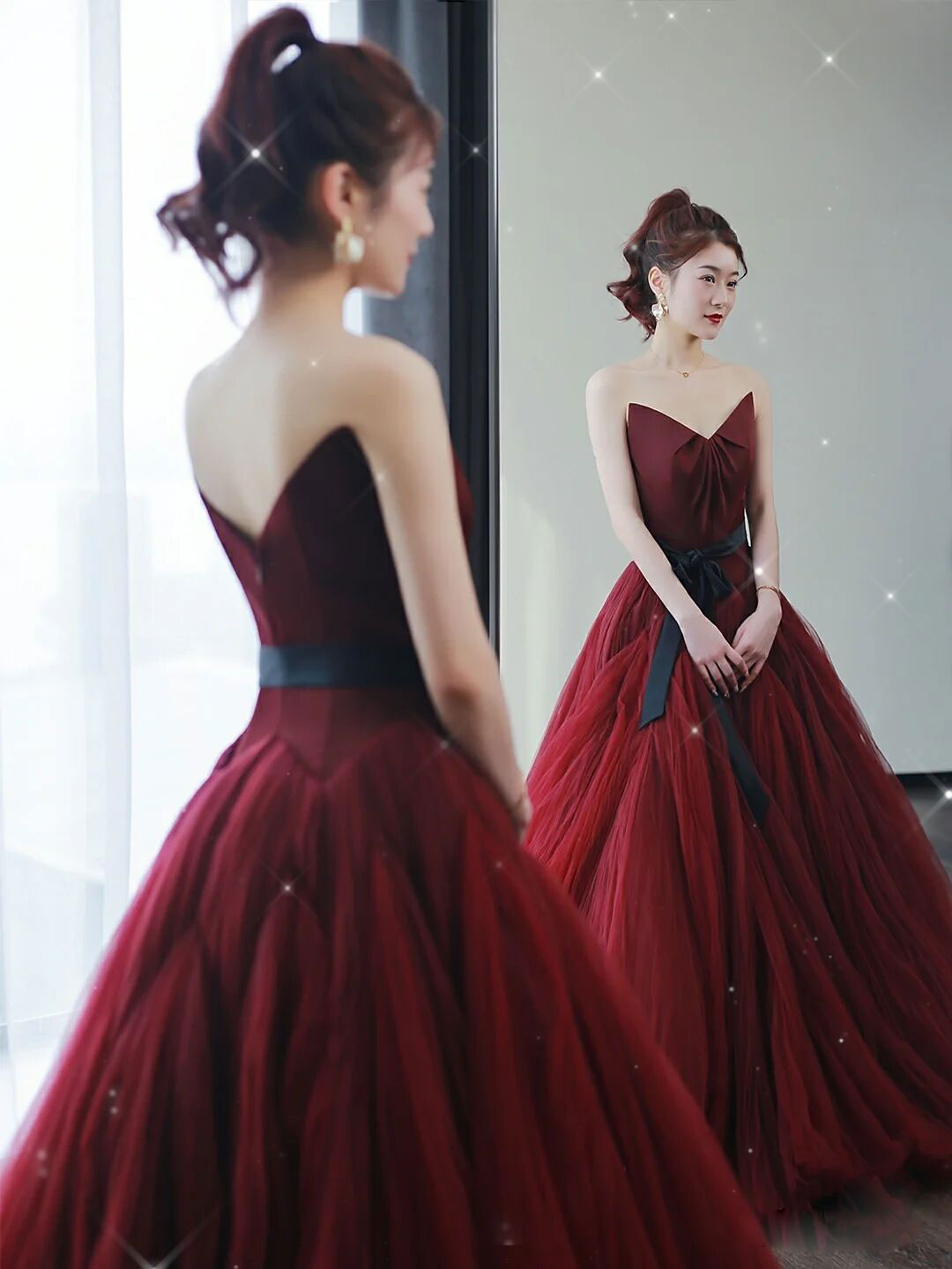 A-LINE BURGUNDY TULLE PARTY DRESS