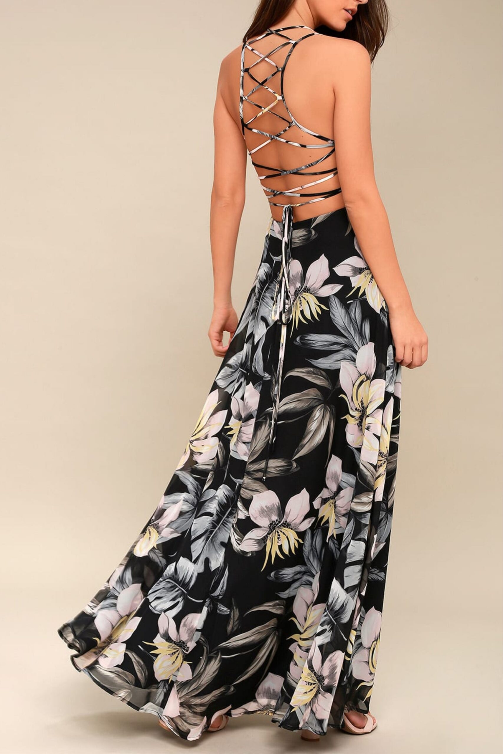 BLACK FLORAL LACE-UP MAXI DRESS FOR WEDDING