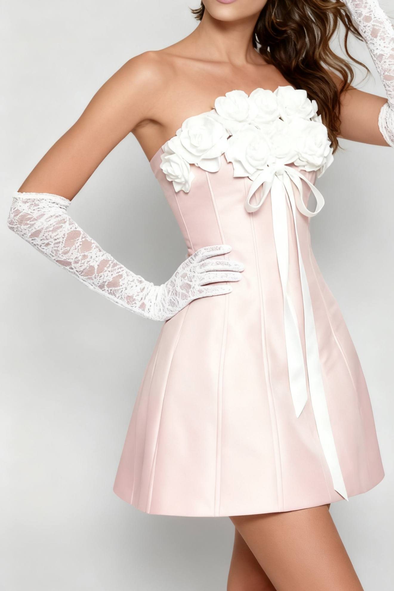 GLADYS STRAPLESS PINK 3D FLORAL CORSET A-LINE DRESS