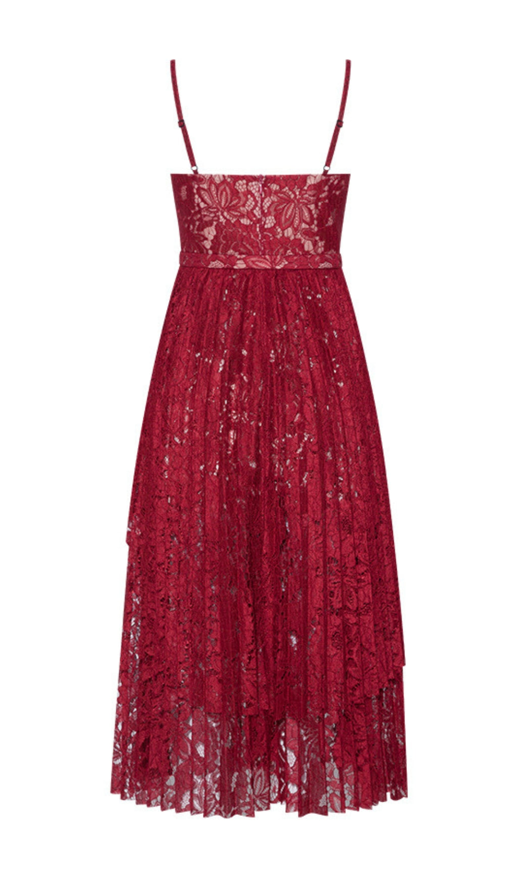HOLLOW LACE SUSPENDER MIDI DRESS, RED, PARTY
