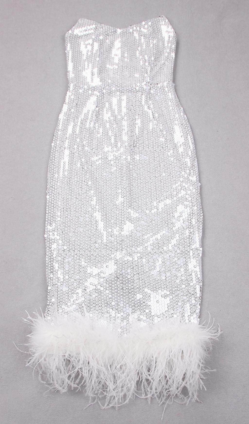 SEQUIN FEATHER WHITE MIDI DRESS FOR PARTY