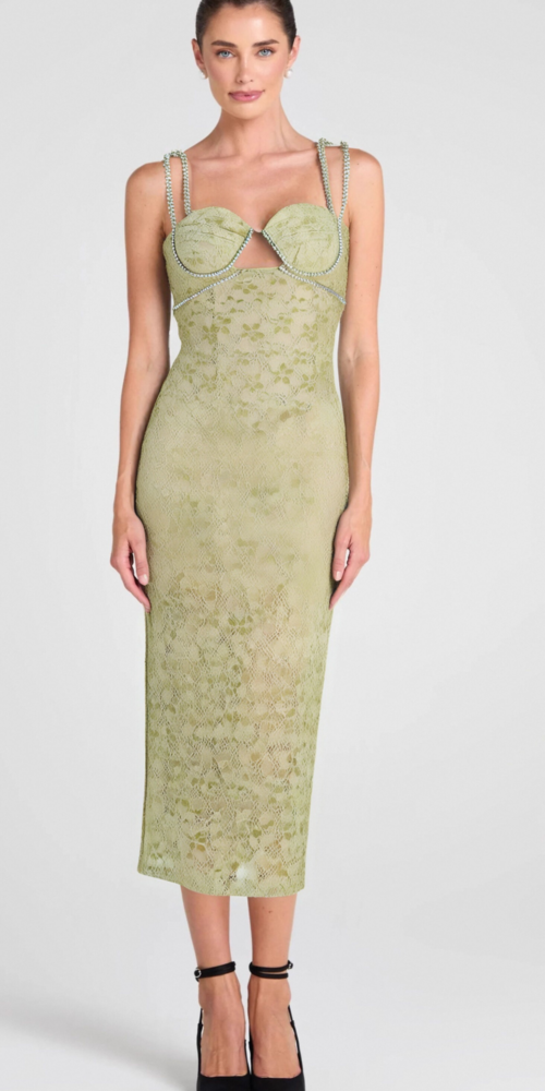 LACE FLORAL CRYSTAL CHAIN BUSTIER MIDI DRESS LACE FLORAL CRYSTAL CHAIN BUSTIER MIDI DRESS