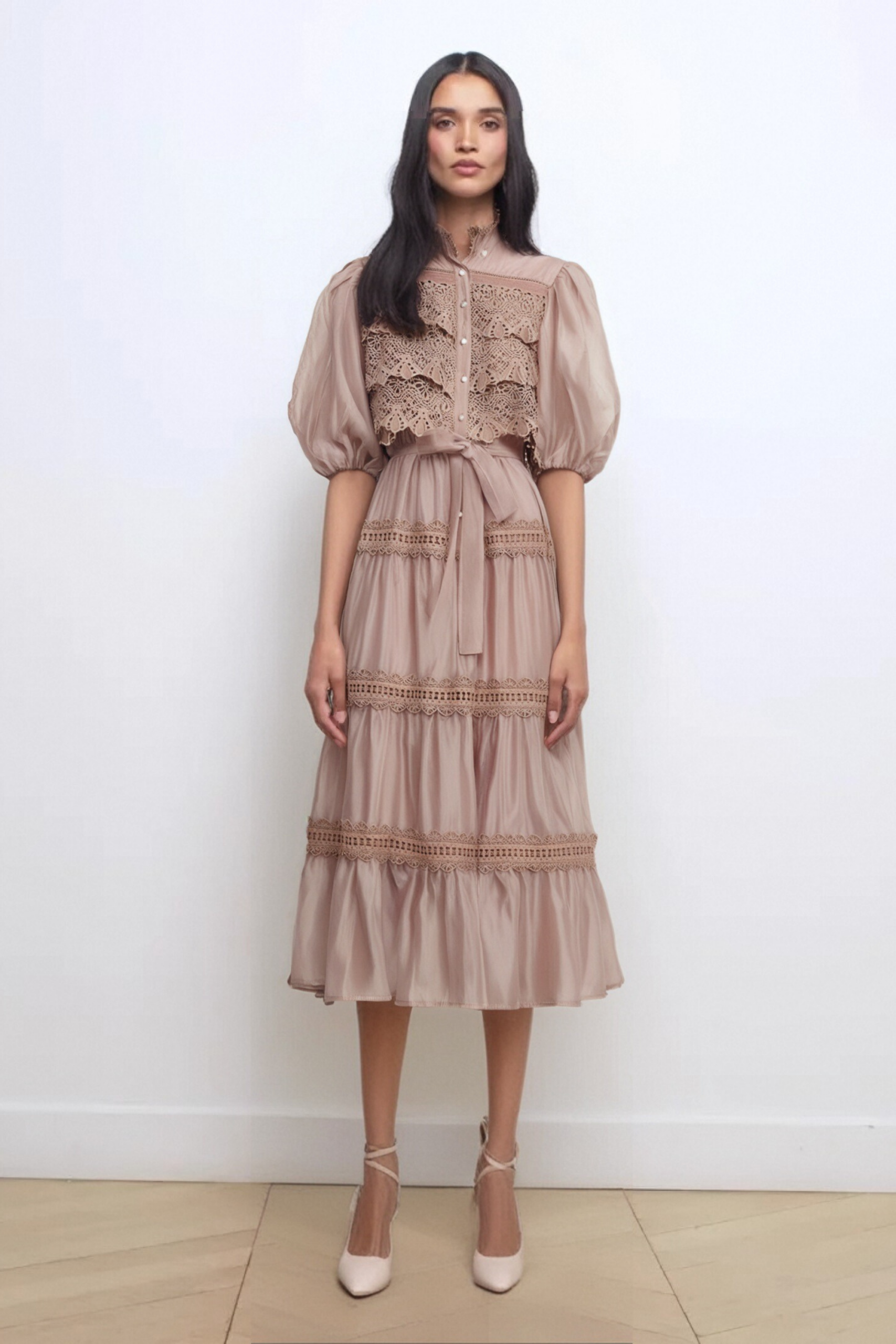 INÈS LACE CUT-OUT TIERED MIDI DRESS