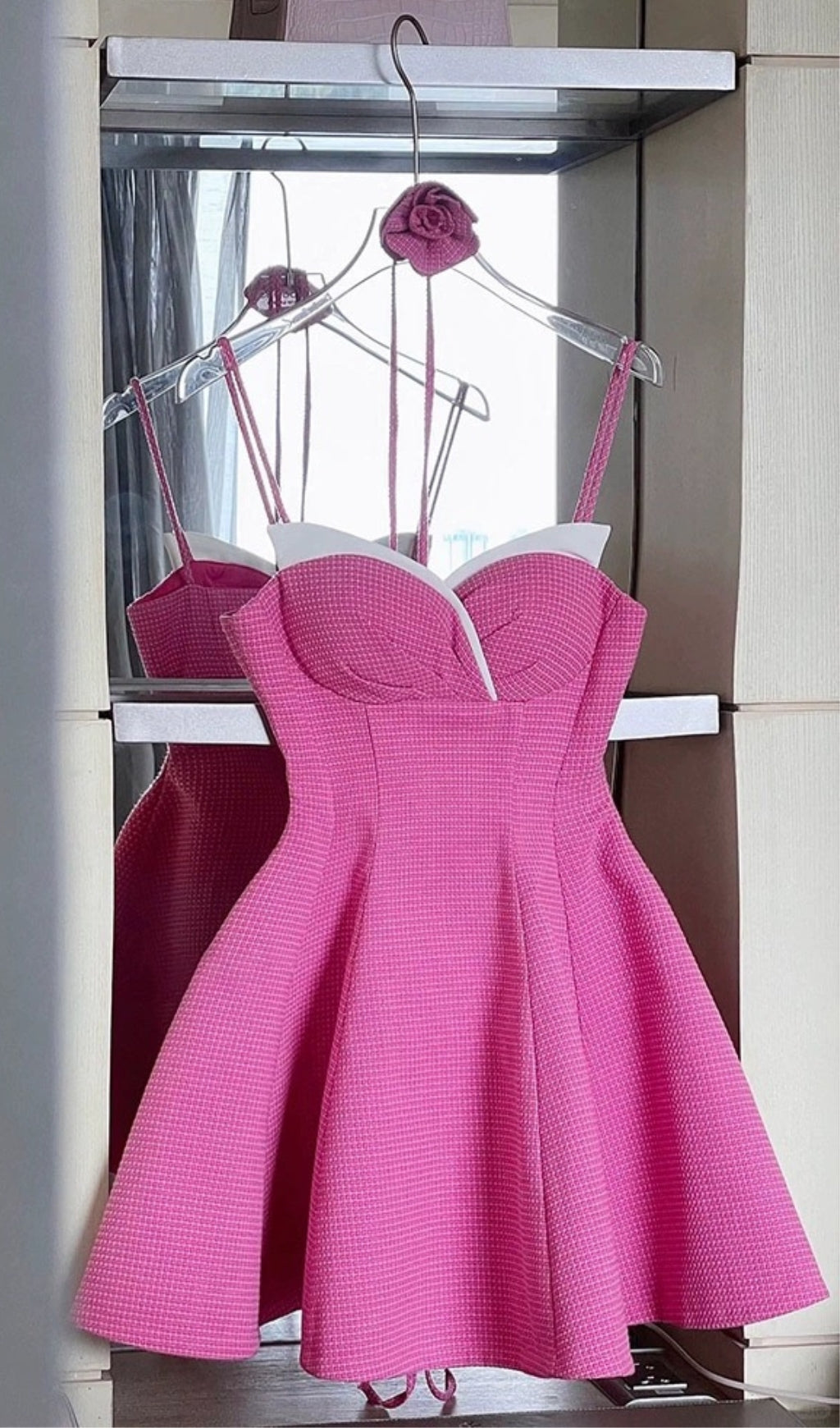 HOT PINK STRAP ROSE MINI DRESS FOR PARTY