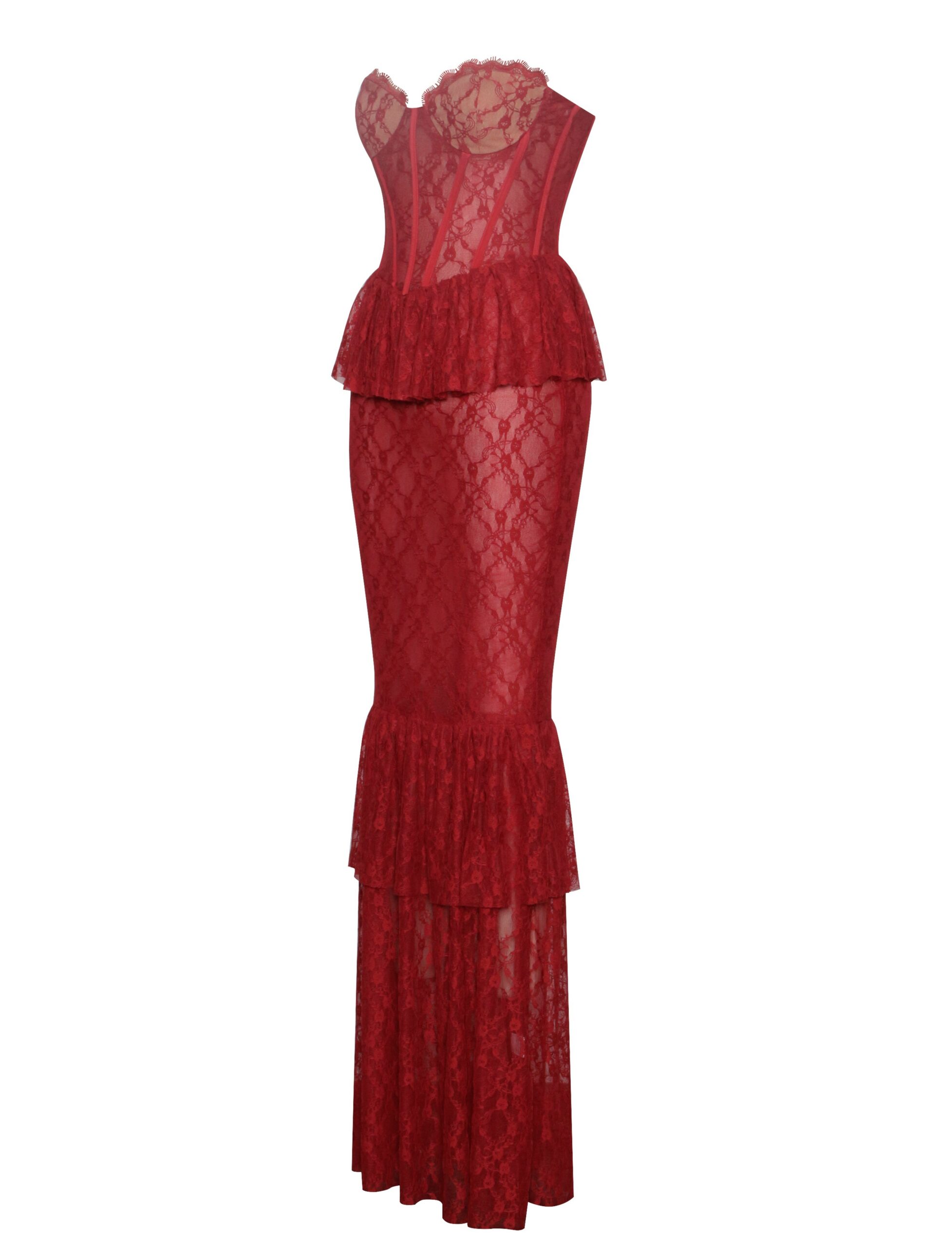 ZEN BURGUNDY LACE CORSET MAXI DRESS
