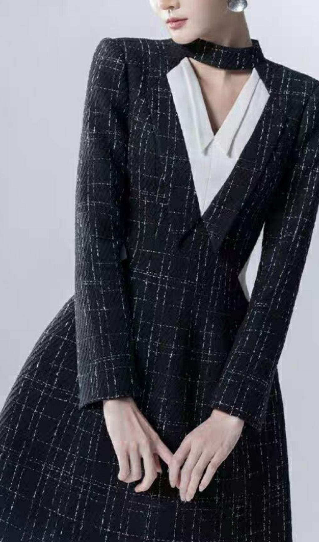 HALTER V-NECK A-LINE JACKET DRESS BLACK