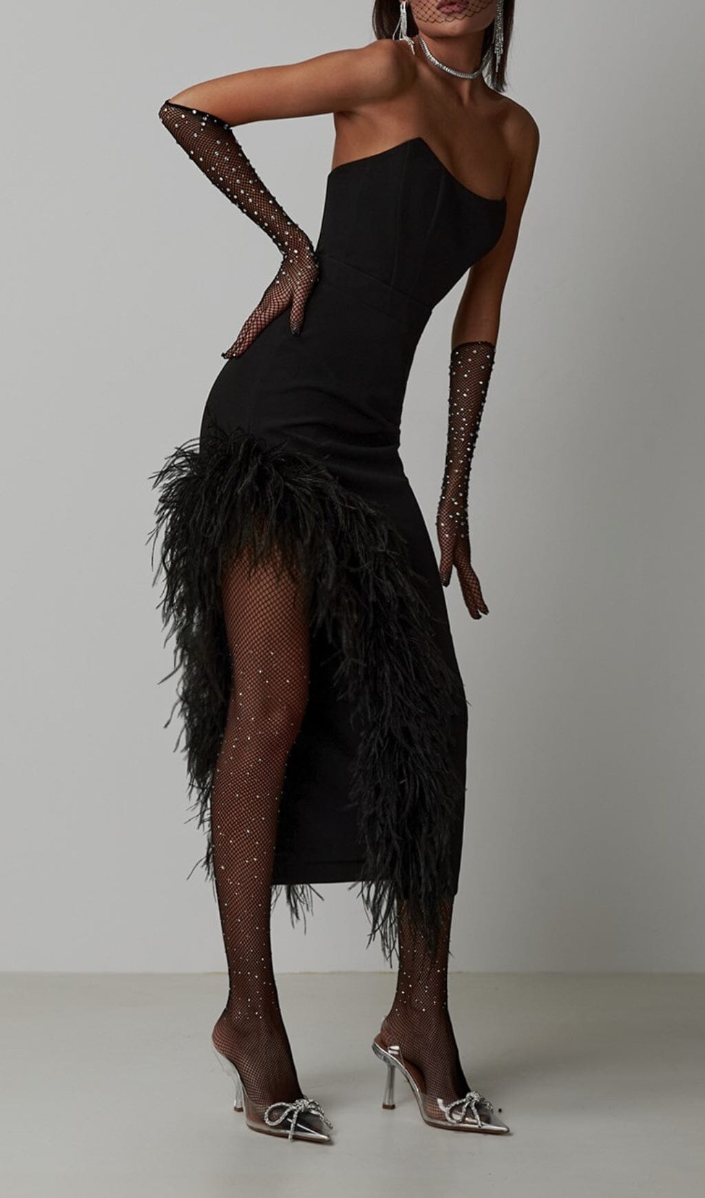 2_0a99784a-8ee0-459a-bbc6-4c9ab496a404 FEATHER HEM HIGH-LOW DRESS BLACK