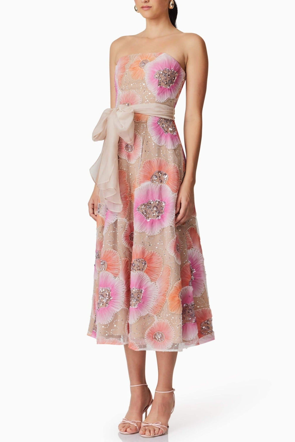 STRAPLESS FLOWER SEQUIN MIDI DRESS FOR PARTY