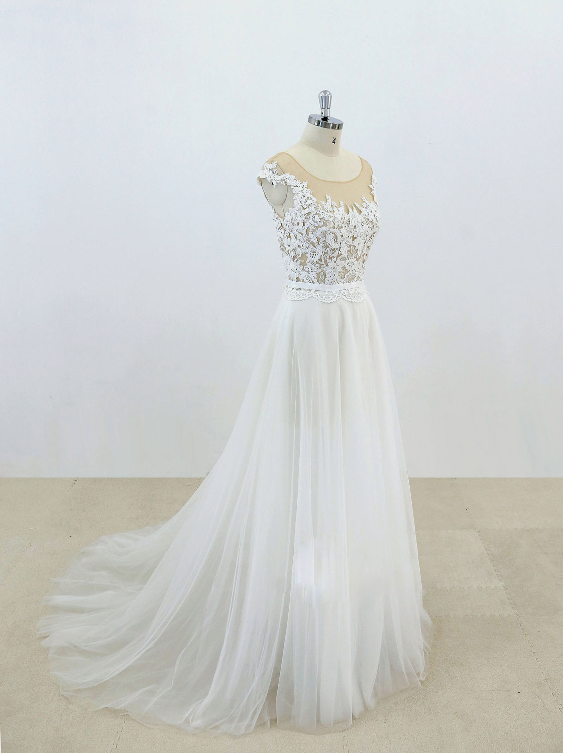 WHITE LACE TULLE PROM GOWN A-LINE