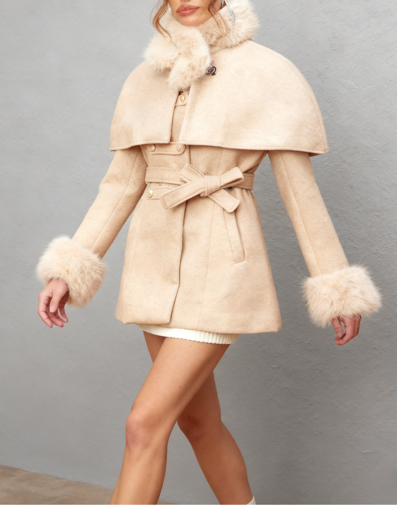 ROSELLA DETACHABLE CAPE FAUX FUR COAT