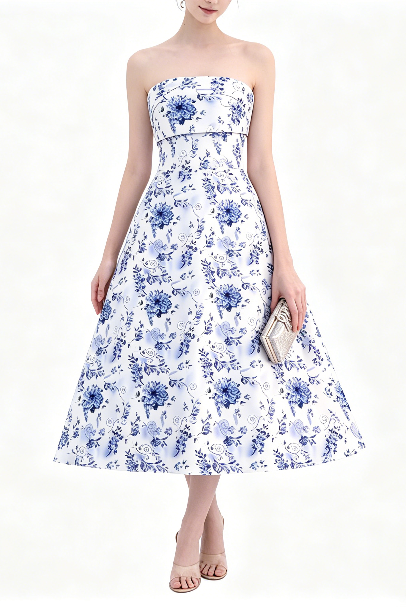 FLORAL STRAPLESS MIDI DRESS FOR PARTY