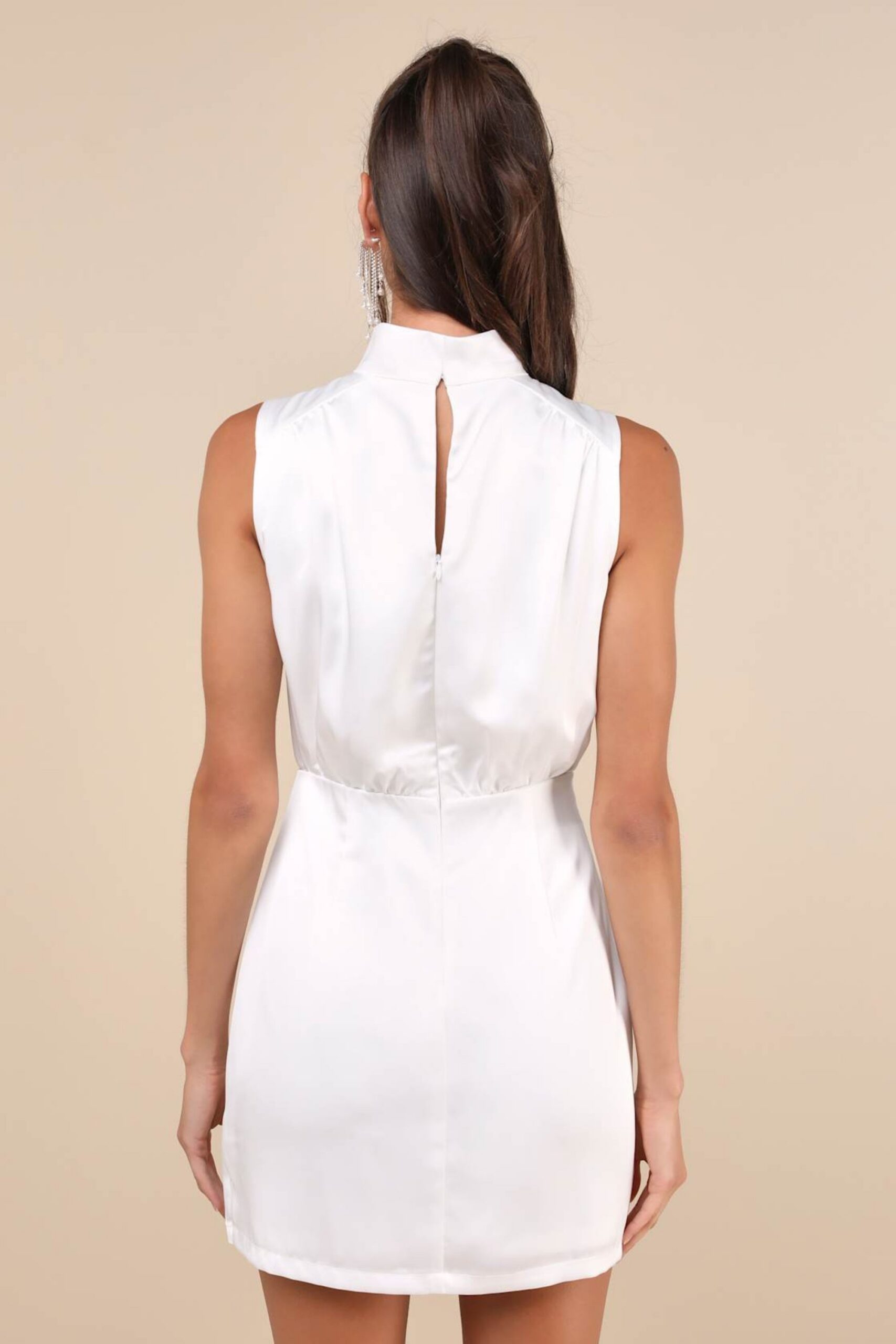 SATIN MOCK NECK MINI DRESS, SLEEVELESS WHITE COCKTAIL