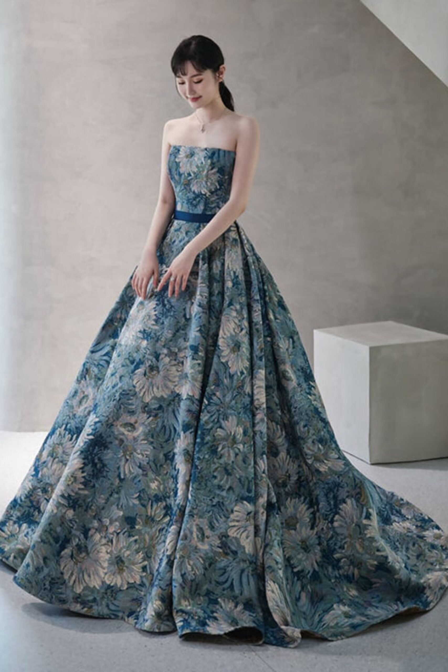 A-LINE BLUE SATIN LONG PROM DRESS