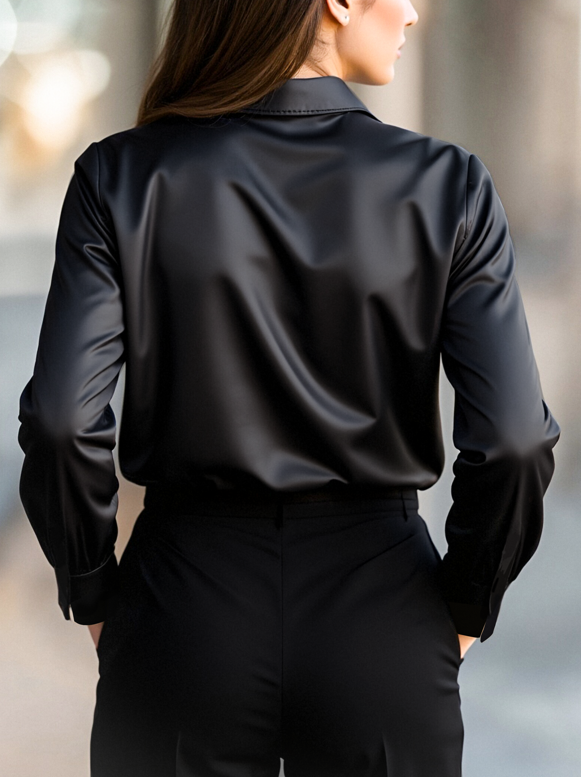 ELEGANT BLACK SATIN LONG SLEEVE BLOUSE