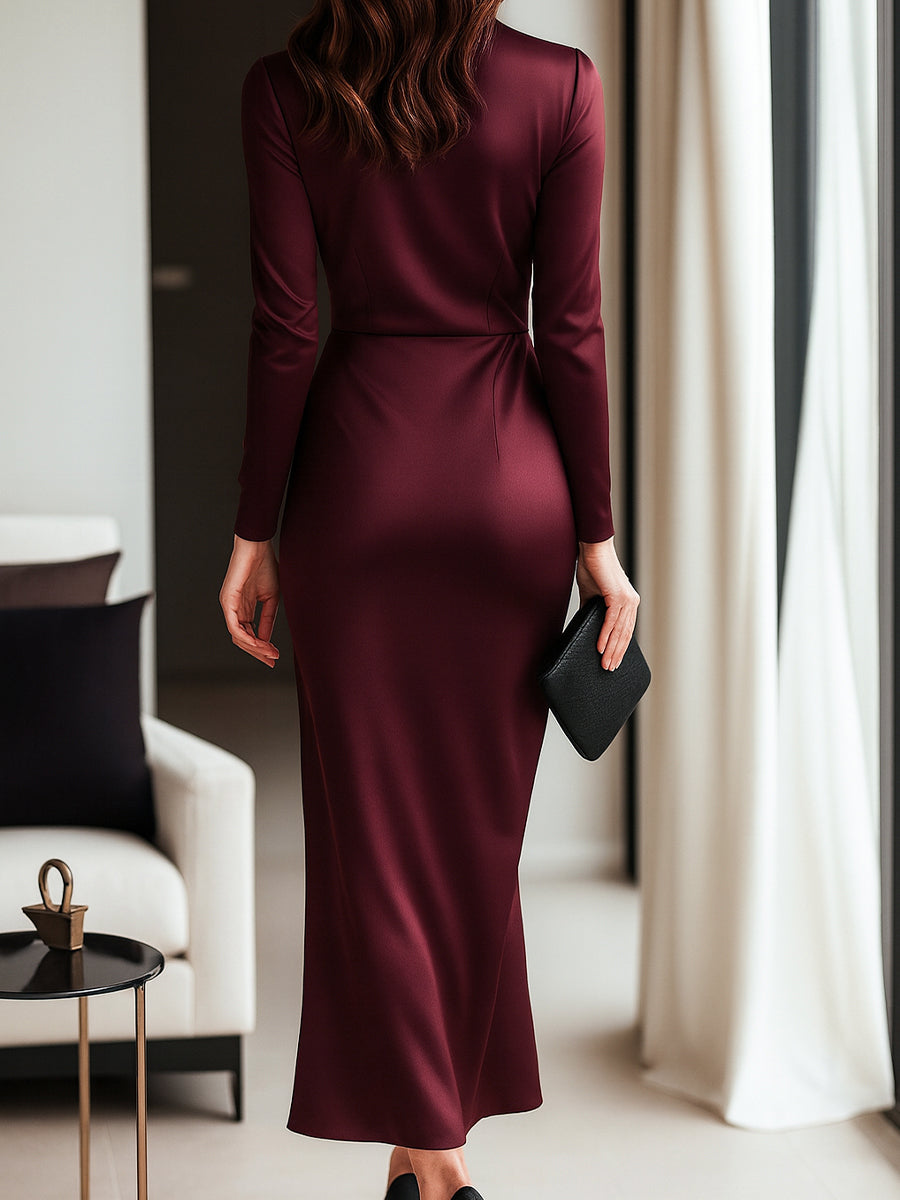 BURGUNDY SATIN WRAP DRESS WITH WAIST TIE FOR EVENTS